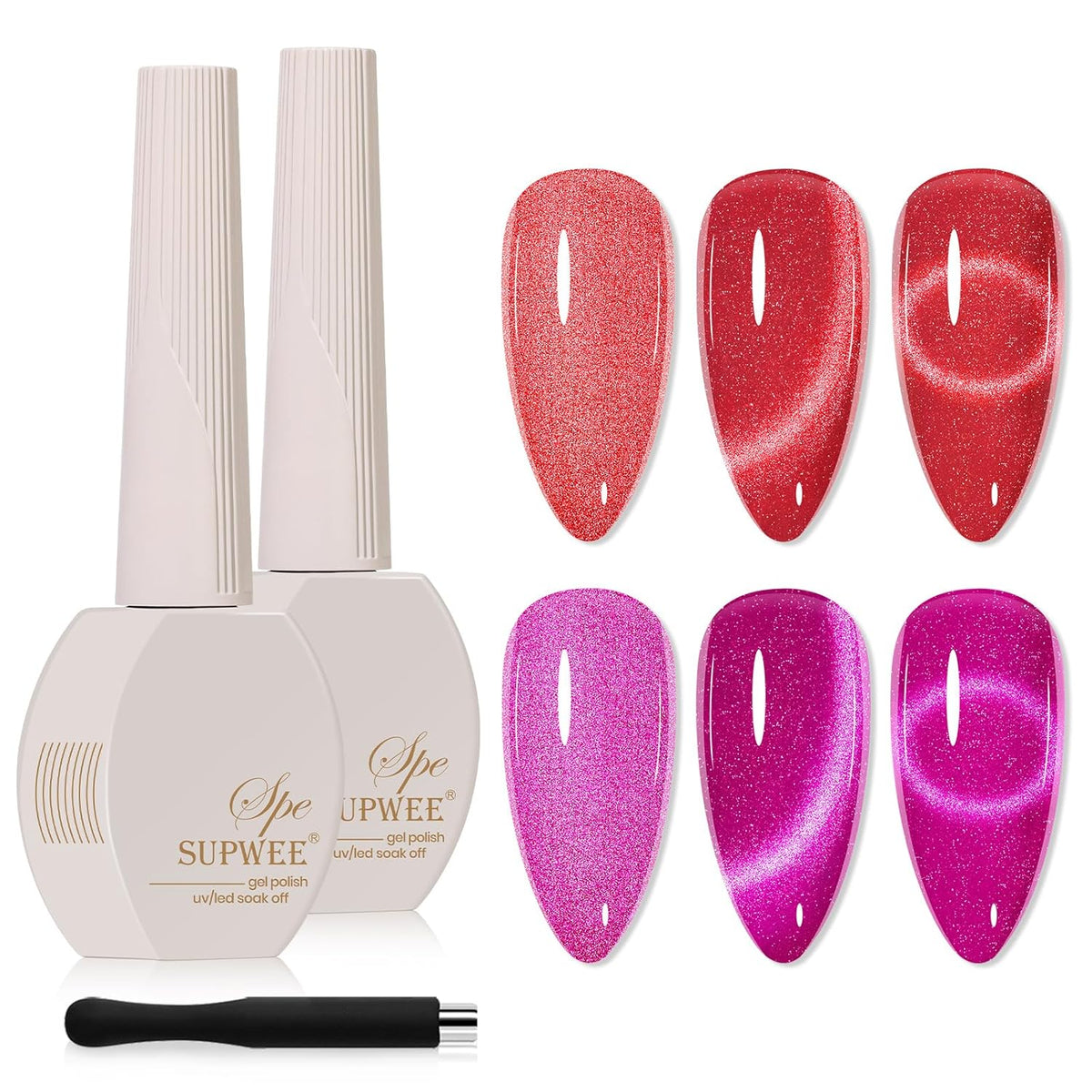 2PCS 15ML Cat Magnetic Eye Gel Nail Polish, Red Hot Pink Cateye Gel Nail Polish Holographic Glitter Shimmer Effect with Magnetic Stick Soak Off Salon DIY at Home