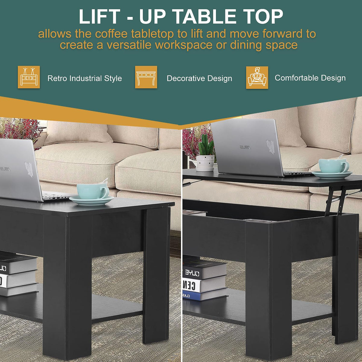 PayLessHere Coffee Table Lift Top Coffee Tables with Hidden Compartment and Storage Shelf Wooden Lift Tabletop Dining Table for Living Room Home (Black, 39" D x 28" W x 24" H)