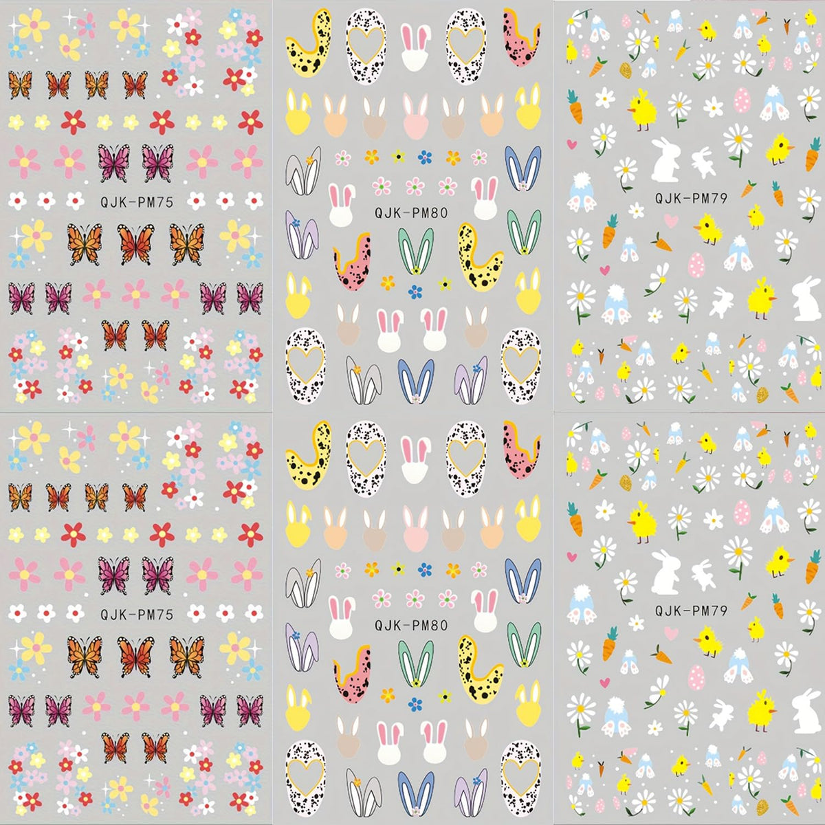6Sheets Easter Nail Art Stickers Decals Cute Bunny Flower Designs 3D Self-Adhesive Nail Decals Spring Nail Decorations Floral Daisy Butterfly DIY Nail Supplies Easter Nail Accessories for Women Kids