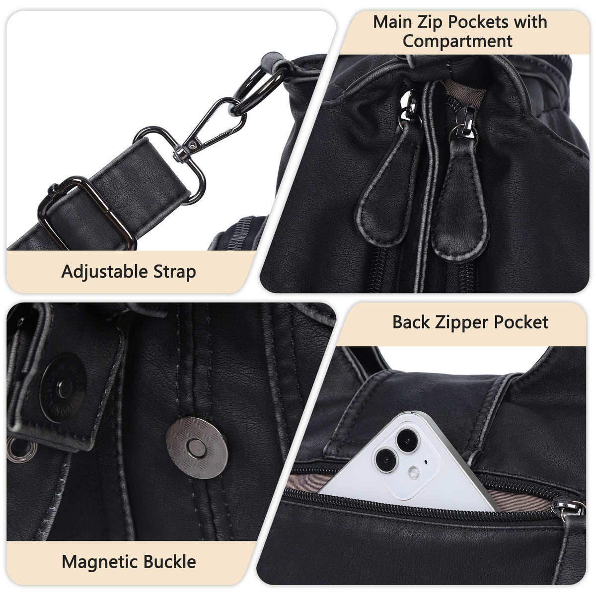 Angel Kiss Hobo Bags for Women Vegan Leather Shoulder Purses and Handbags Ladies Roomy Tote Bags Purse with Crossbody Strap,Black