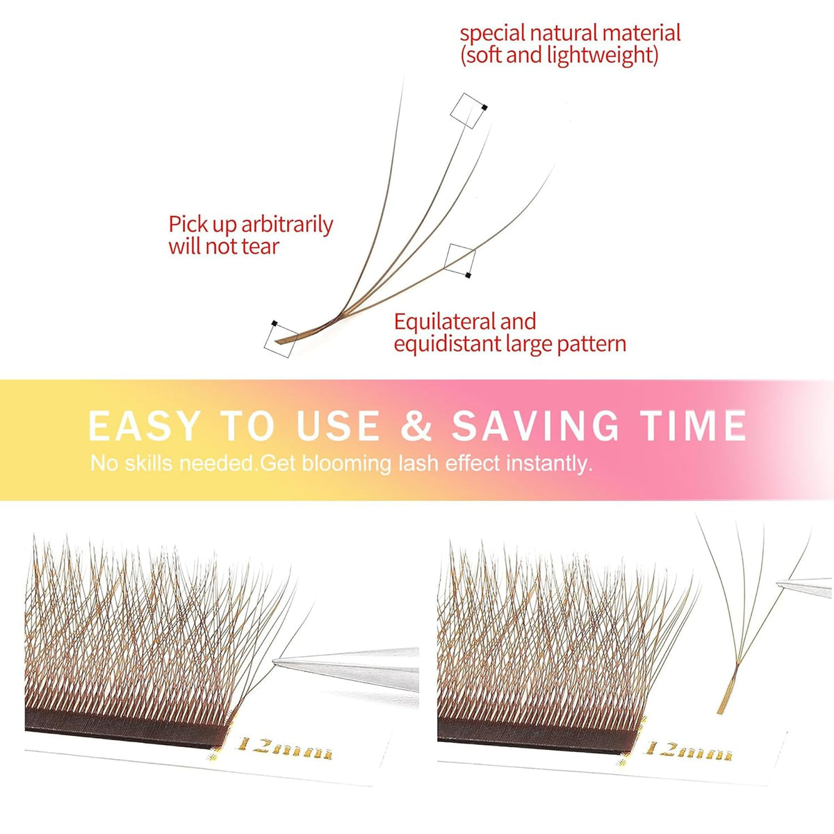 Lash Extensions W Brown 4D Eyelash Extensions W Shape 0.07mm Thickness D Curl 13mm Premade Fans Lashes Easy Fan Volume Lashes Individual Lashes(W-Brown-4D-0.07-D,13mm)