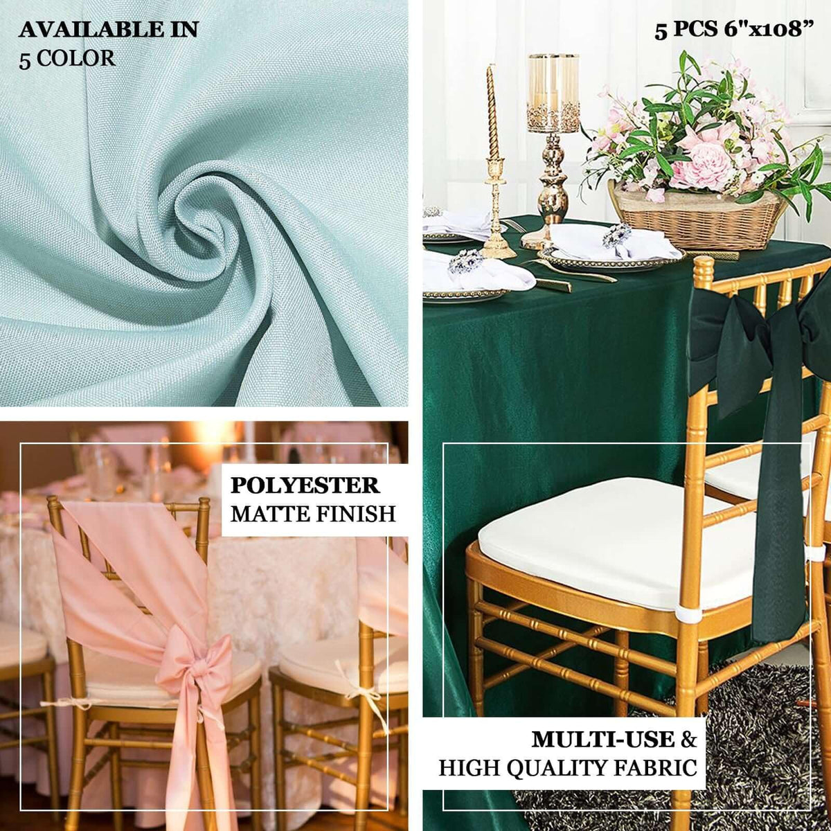 Efavormart 5 PCS Gold Polyester Chair Sashes Covers Tie Bows for Wedding Events Decor Chair Bow Sash Party Decor Supplies - 6x108