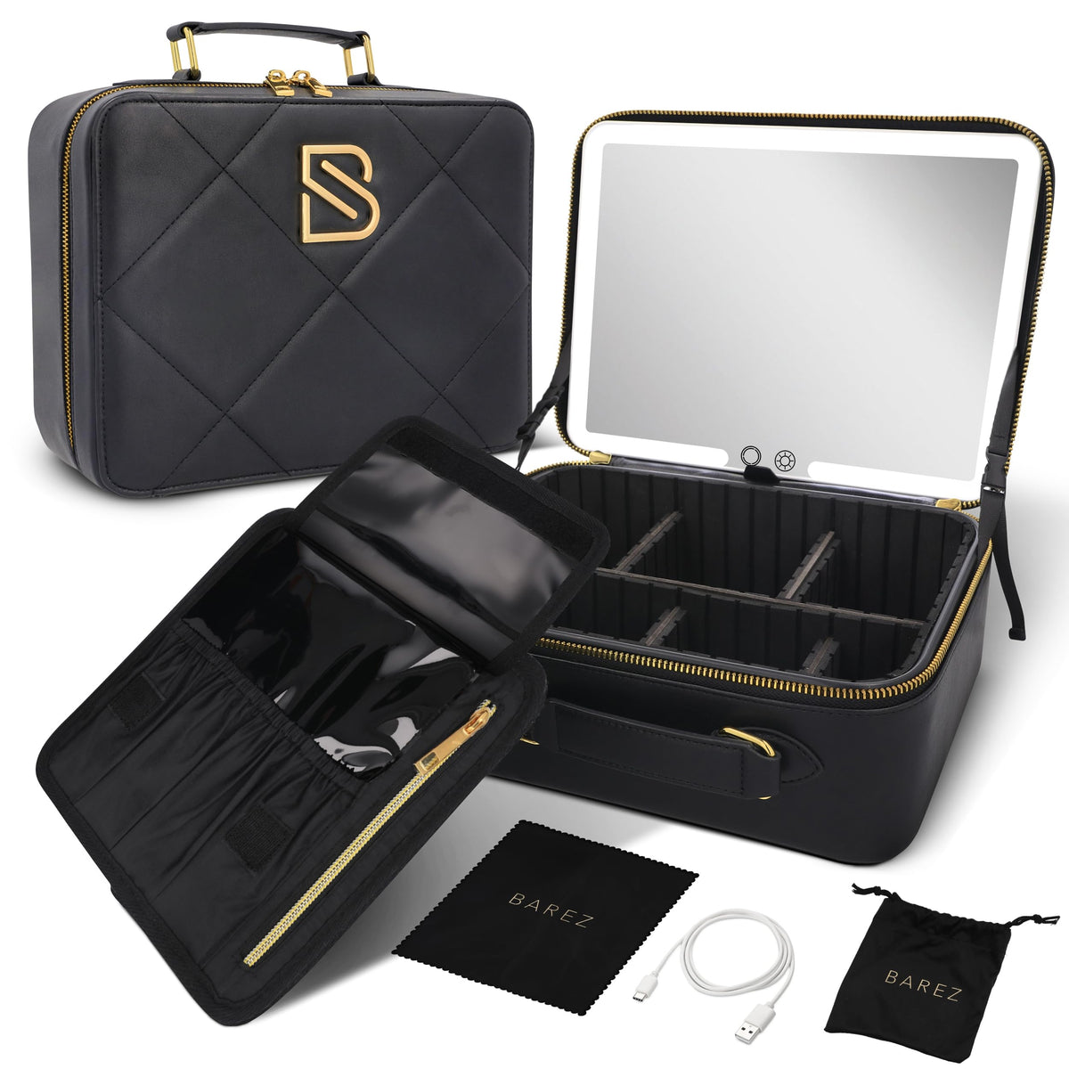 BAREZ Premium PU Leather Makeup Bag With LED Mirror - 3 Brightness Mirror Light Settings - Adjustable Dividers - Removable Mirror Waterproof Cosmetic Travel Bag (Black)