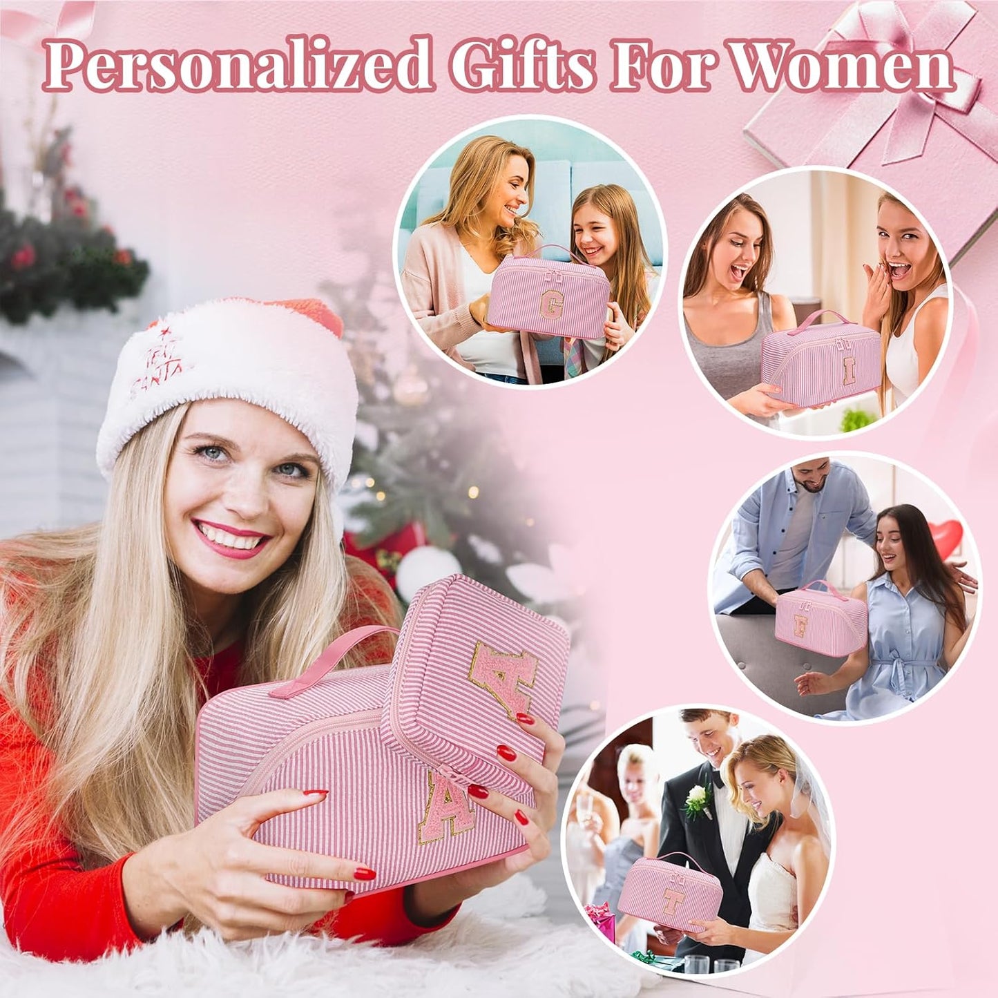 Travel Makeup Bag for Women, 2Pcs Portable Personalized Initial Makeup Organizer Bag, Open Flat Large Cosmetic Bag With Travel Essential Pouch (Pink Letter K)