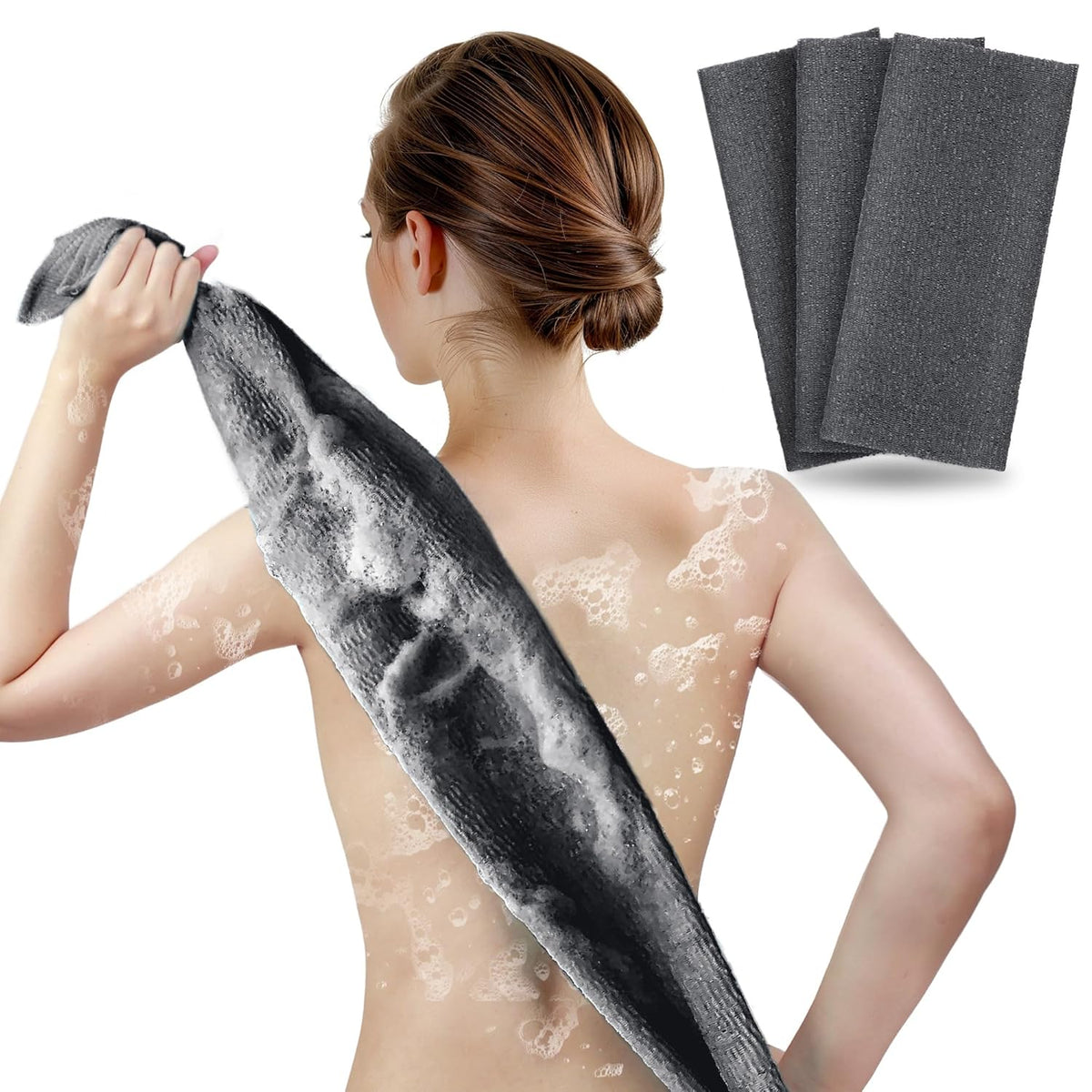 ARCH&M Exfoliating Washcloth, Japanese Bath Towel, Korean Exfoliation Scrub, Nylon Body Scrubber, Back Scrubber for Shower, Loofah Alternative - 3 Pack (Black x 3)