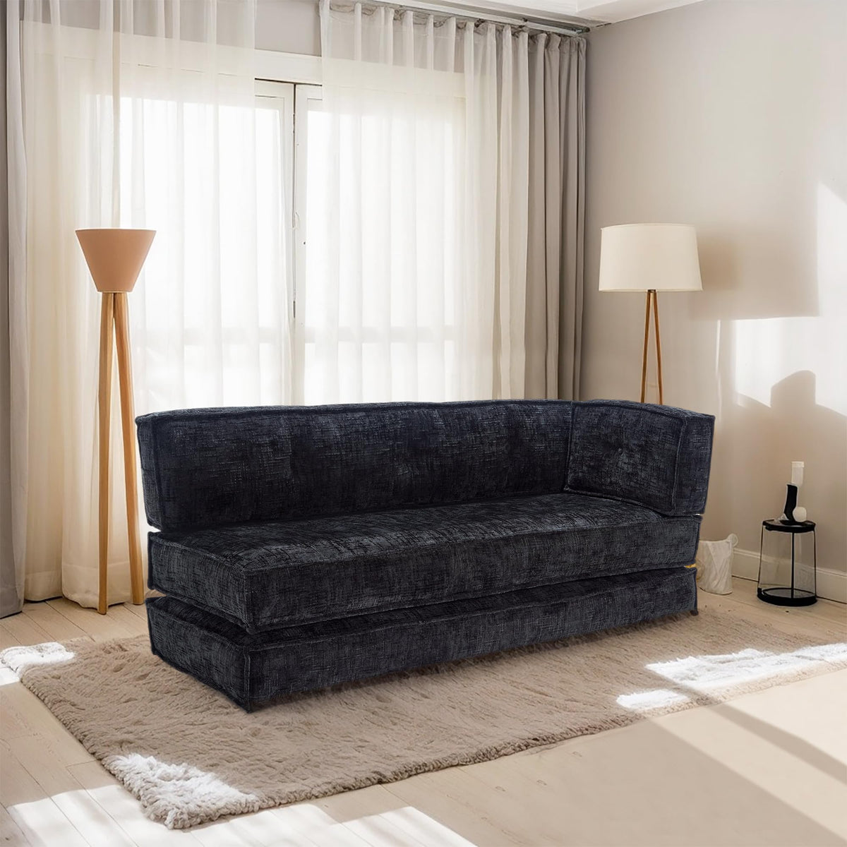 VYNELITO Modular Couch Convertible Sleeper Floor Sofa Bed, Chenille Folding Mattress Couch with Side Bag Storage, 4-in-1 Combined Lazy Sofa for Living Room Bedroom,Black