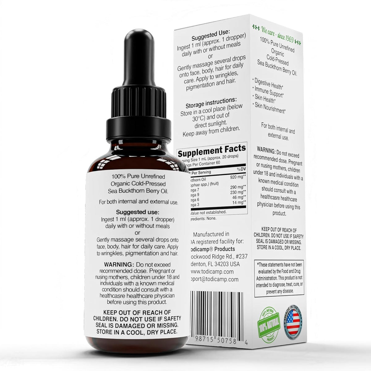 Organic Sea Buckthorn Oil - 1 fl oz Cold-Pressed Sea Buckthorn Berry Oil - Seabuckthorn for Face, Hair, Body & Supplement