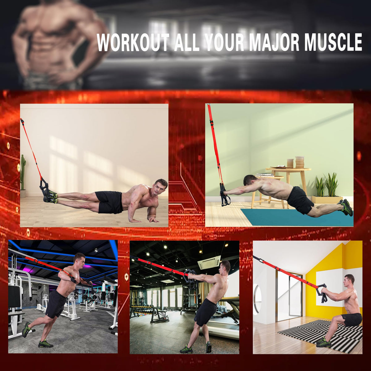 Bodyweight Resistance Training Straps, Complete Home Gym Fitness Trainer kit for Full-Body Workout, Included Door Anchor, Extension Strap, Fitness Guide (Red)