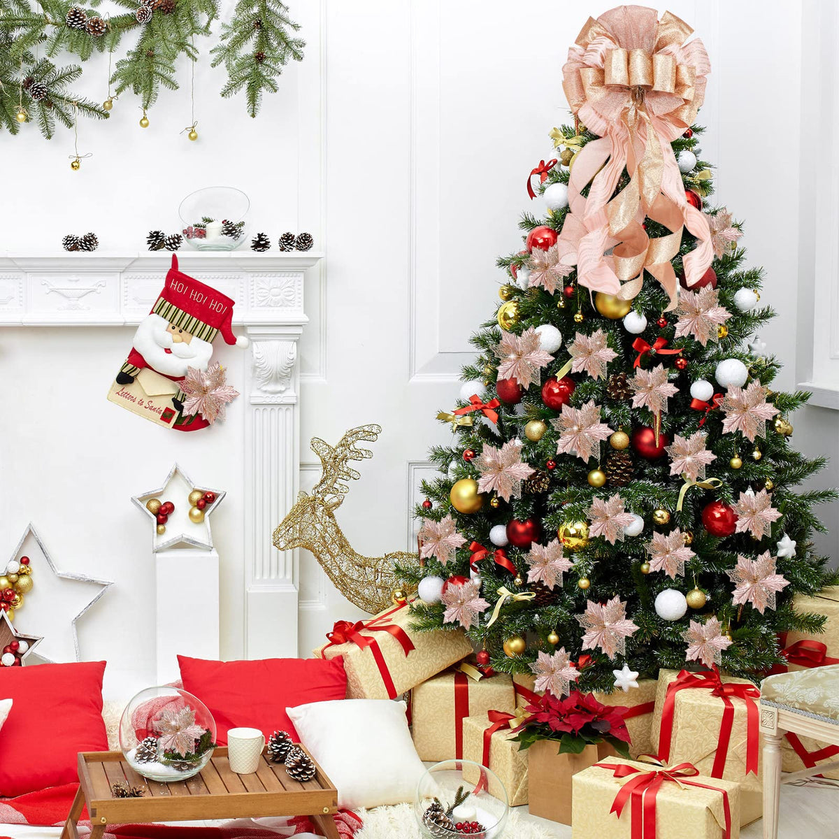 Syhood Christmas Tree Topper Decorations 34x12 Inch Large Christmas Bows Tree Ornaments and 24 Pcs Christmas Tree Flowers for Christmas Holiday Party Decorative(Rose Gold)