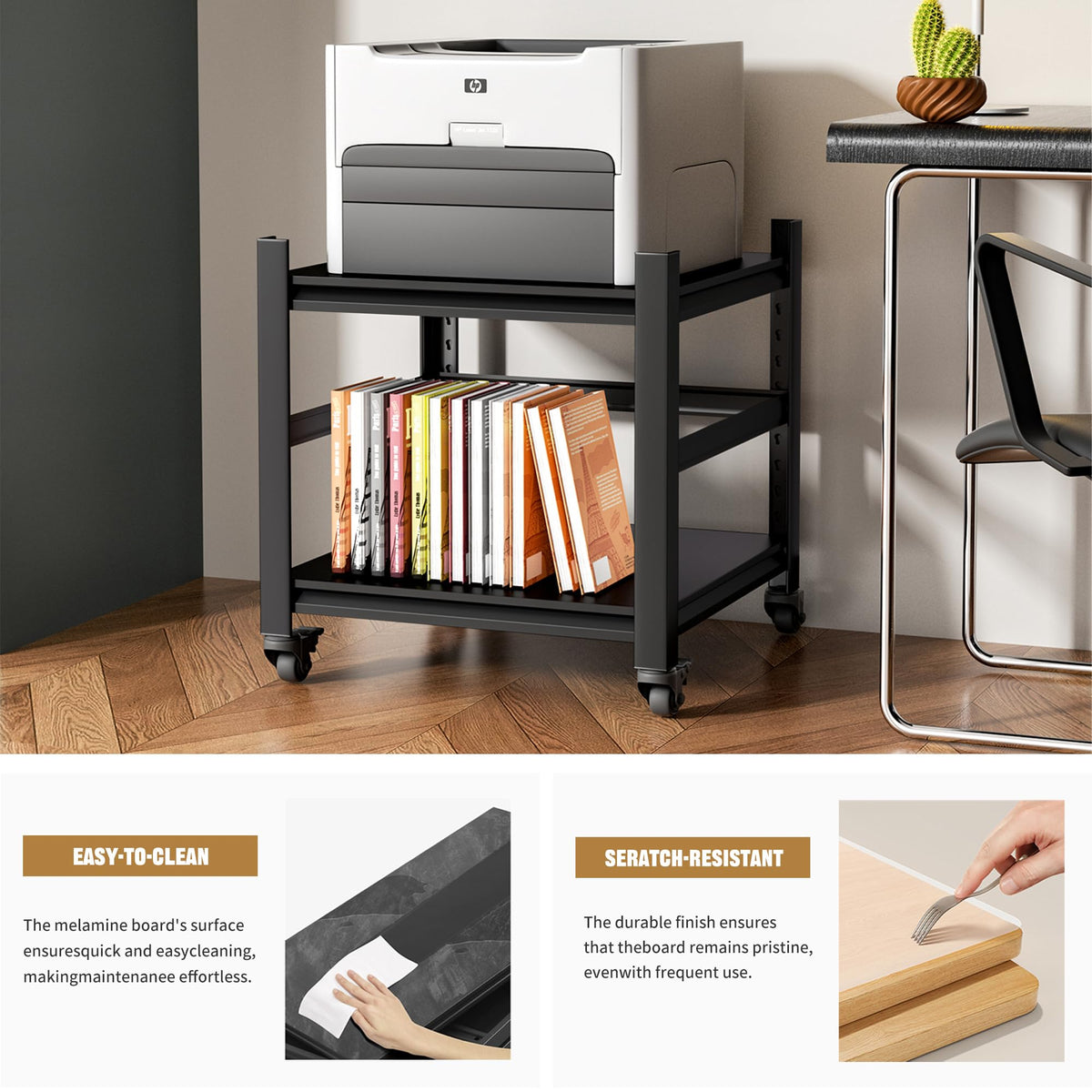Phonando Printer Stand with Wheels,2-Tier Printer Table with Adjustable Storage Shelf for Home Office,Rolling Printer Cart for Heat Press Mini Fridge, Computer,Black