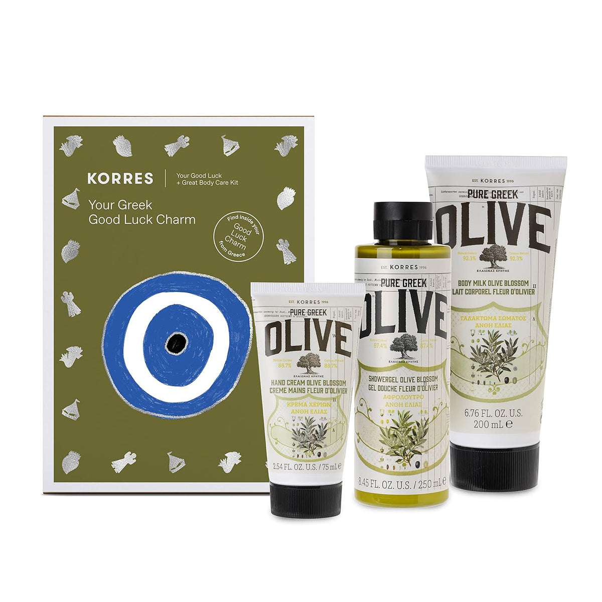 KORRES Body Care Collection, Pure Greek Olive Oil Shower Gel, Body Lotion and Hand Cream Moisturizer for Dry Skin, Moisturizing and Hydrating for Smooth, Supple Skin, Olive Blossom, 3 Piece Gift Set