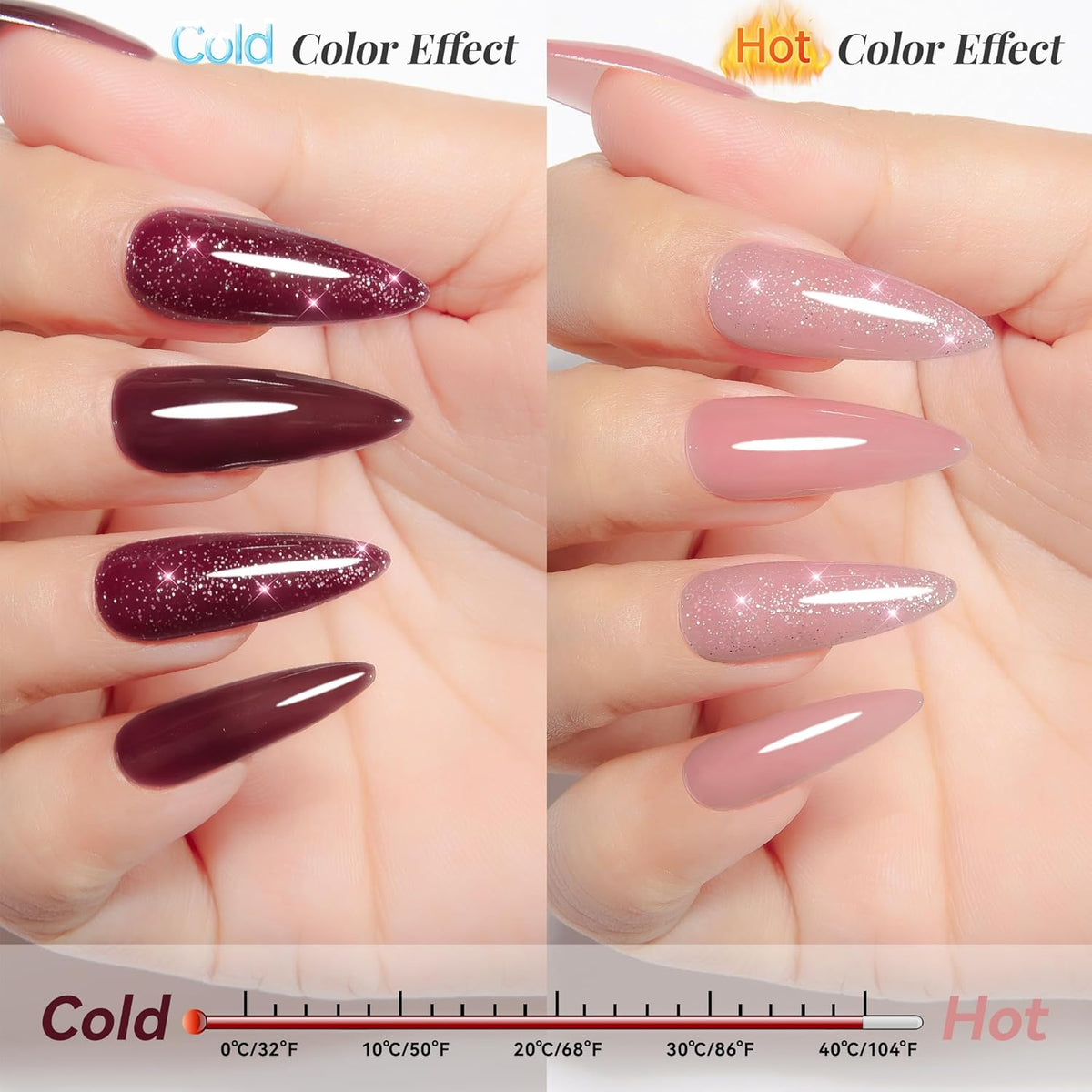 YTD Likomey Gel Nail Polish 2 Pcs Set,15ml Color Changing Nude Pink Burgundy Red and Glitter Nails Gel Kit,Thermal Ombre Change Colors Translucent Salon Manicure Fall Winter UV Color Varnish,0.5 Fl Oz