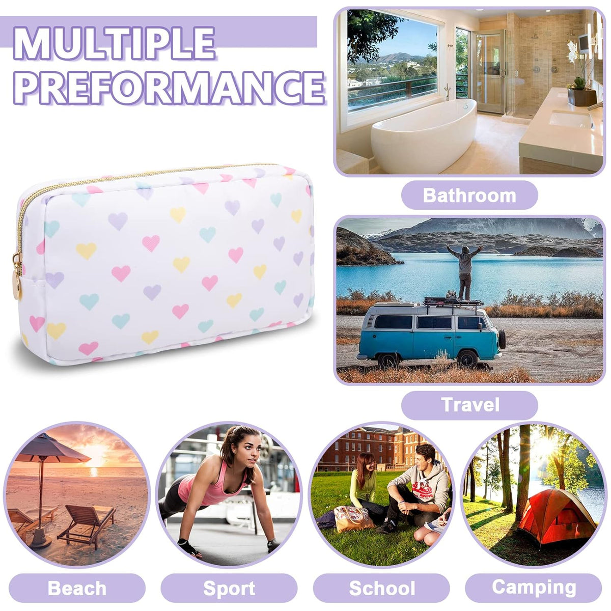 Small Makeup Bag Pouch for Purse，Nylon Travel Toiletry Storage Bag Cute Makeup Organizer Bag for Women Girls，Preppy Waterproof Cosmetic Bag Pouch Skincare Bag Purse with Zipper (Small-White Heart)
