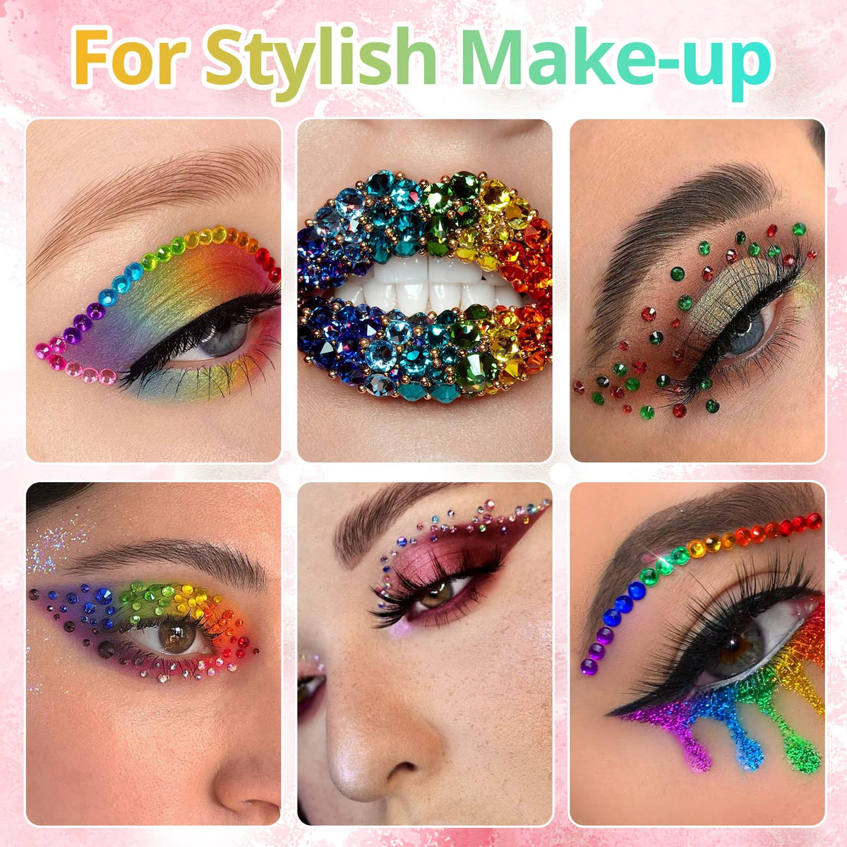 Round Flatback Face Gems Kit (Colorful) for Makeup with Quick Dry Glue + Brush + Tweezer, Nail Art Rhinestones Mixed Color Iridescent Chameleon Glass Crystal Beads for Make-up Deco