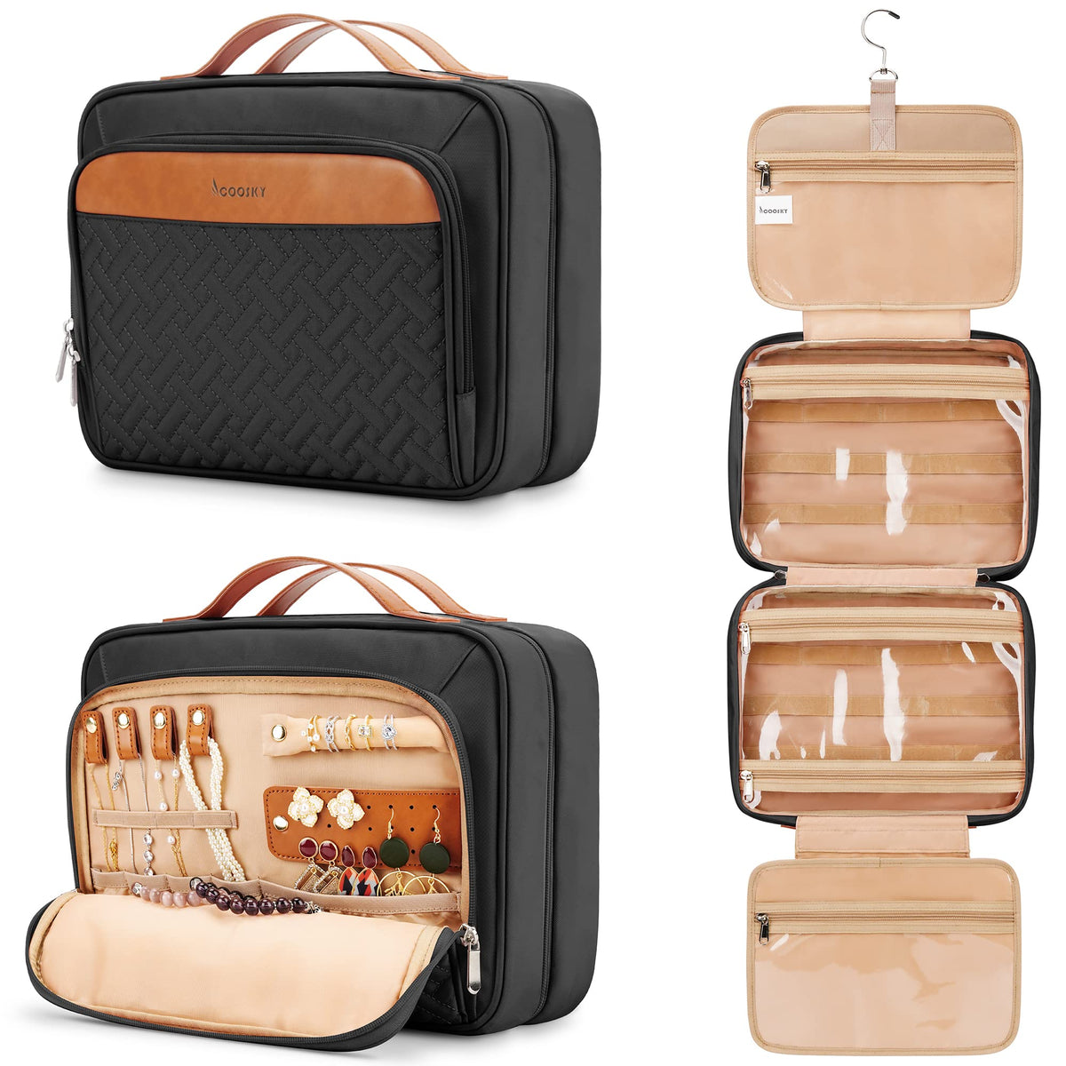 Travel Hanging Toiletry Bag for Women, Cruise Ship Essentials, with Jewelry Organizer, Medium Makeup Dopp Kit, Waterproof Cosmetic Bags, Toiletries Kit Set Accessories with Trolley Belt, Black