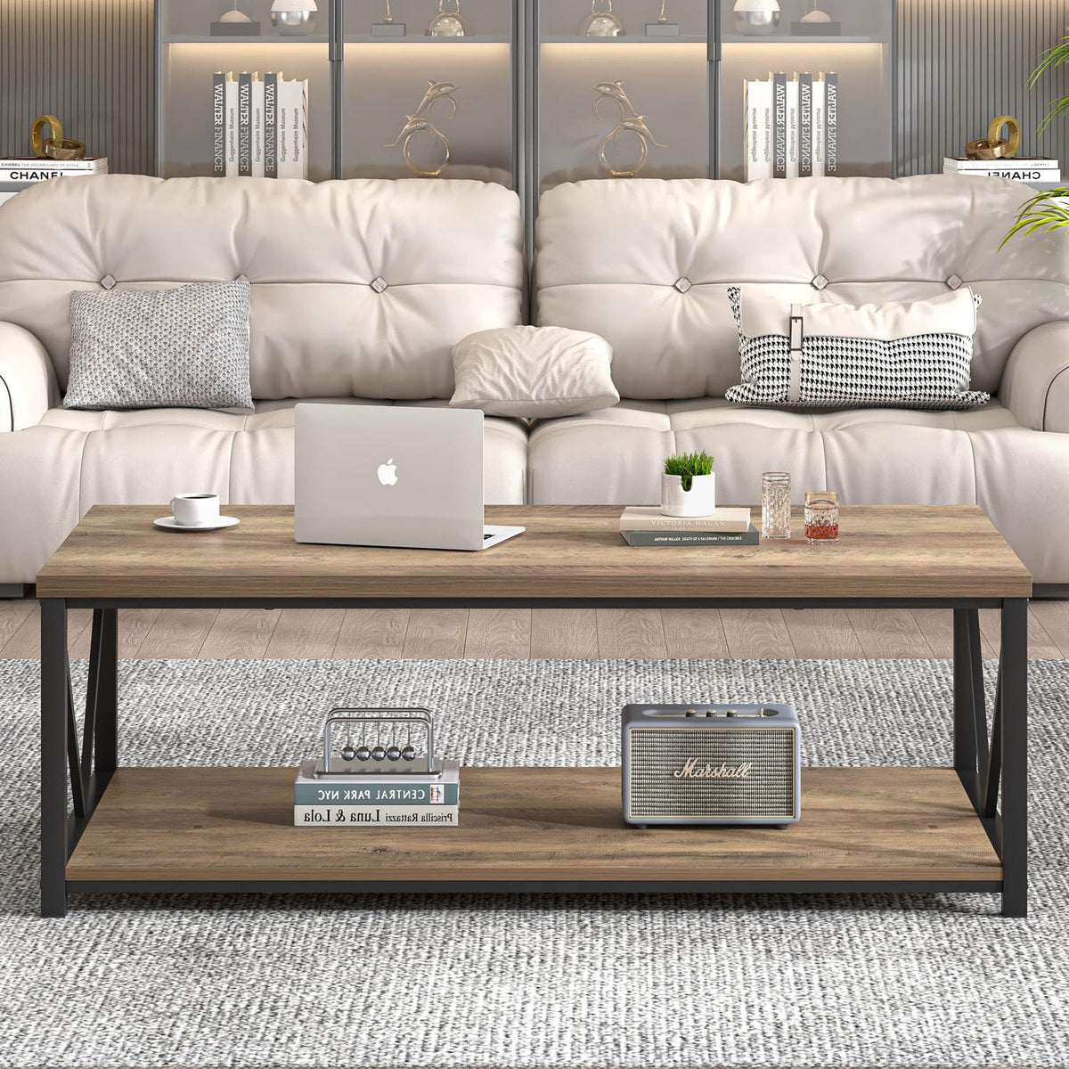 FOLUBAN Modern Coffee Table, Living Room Center Table with Storage, Wood and Metal Cocktail Table, Rustic Oak, 47 Inch