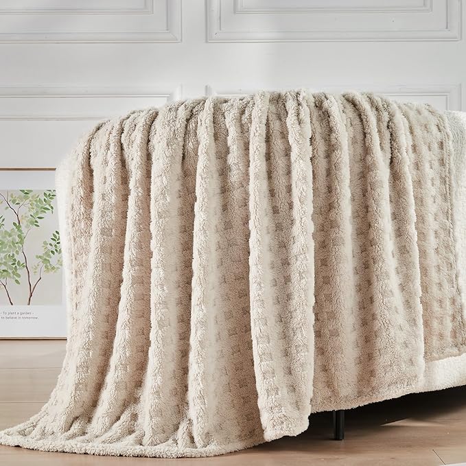 NEWCOSPLAY Super Soft Twin Blanket Linen Premium Silky Flannel Fleece 3D Waffle Checkered Lightweight Bed Blanket All Season Use (Linen, Twin(60"x80"))