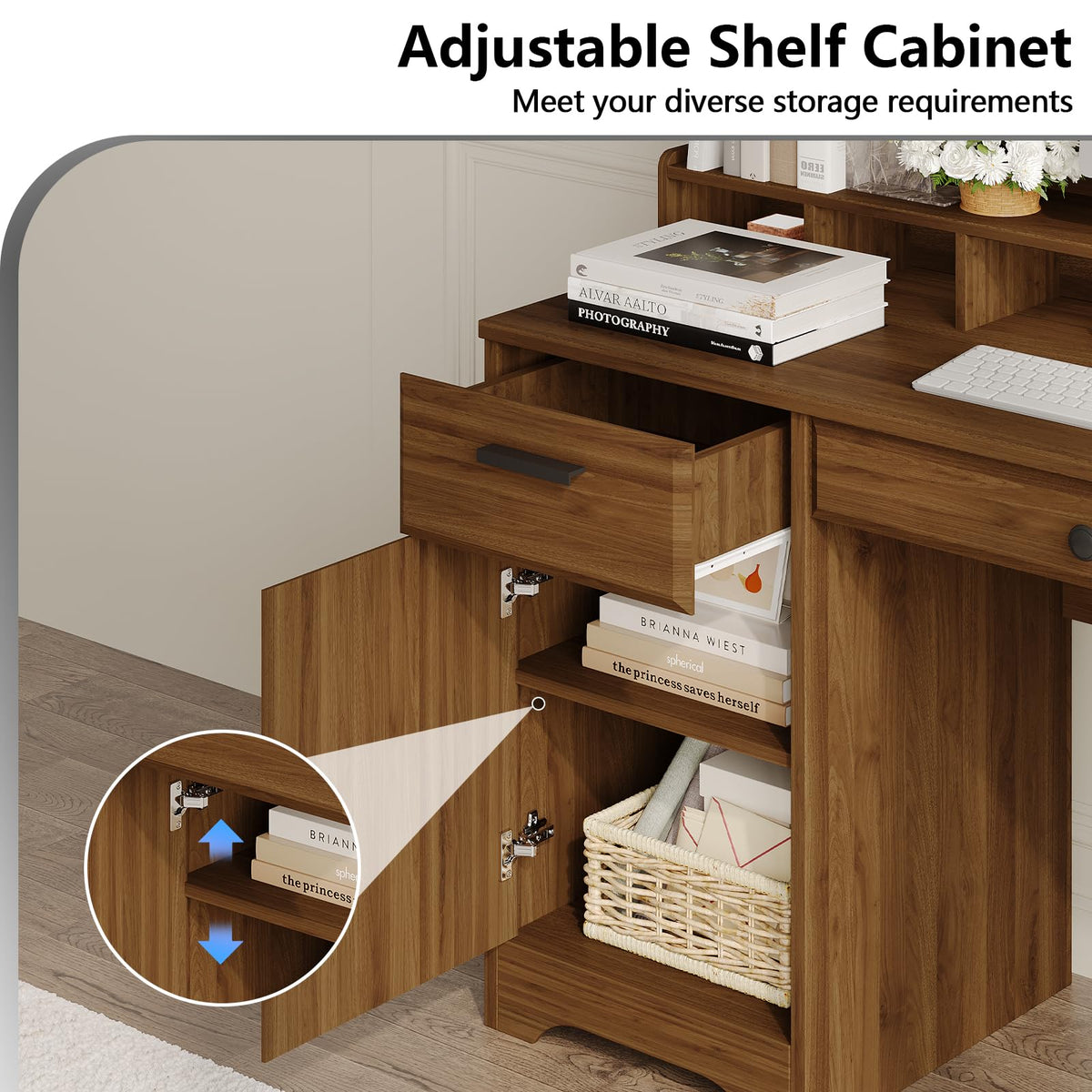 MaverickFurni 58 Inch Computer Desk with File Drawers, Executive Desk with Storage, Home Office Desk with Storage Cabinet for Bedroom, Rustic Brown
