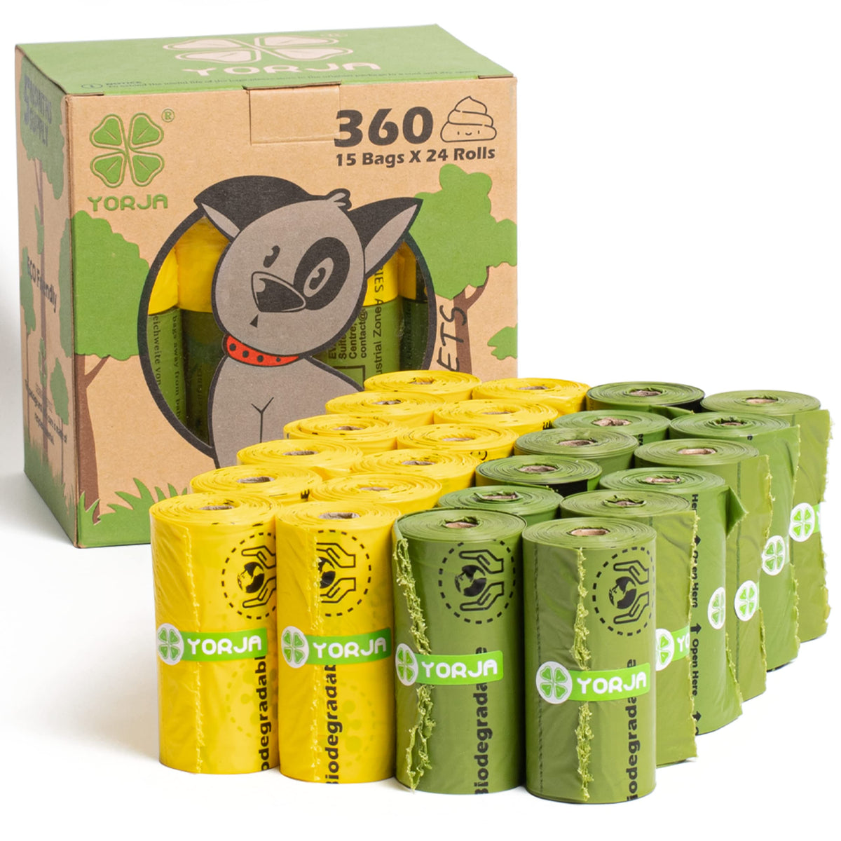YORJA Dog Poop Bags Rolls, 360 Pet Waste Bags, 100% Leak Proof Extra Thick and Strong Corn Starch Blend