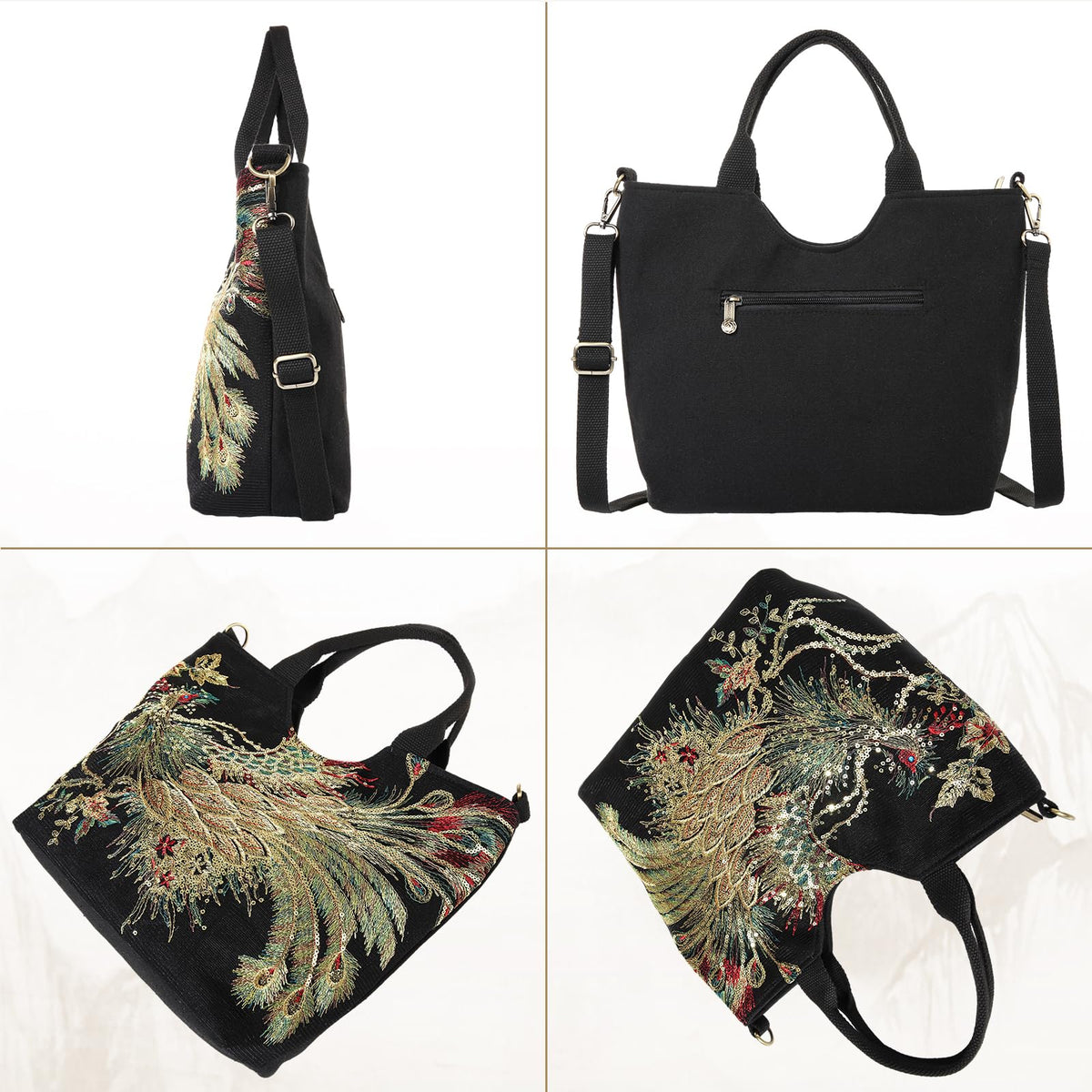 Jursccu Small Tote Handbag Sequins Embroidery Crossbody Bags for Women Casual Shoulder Bags (Black)