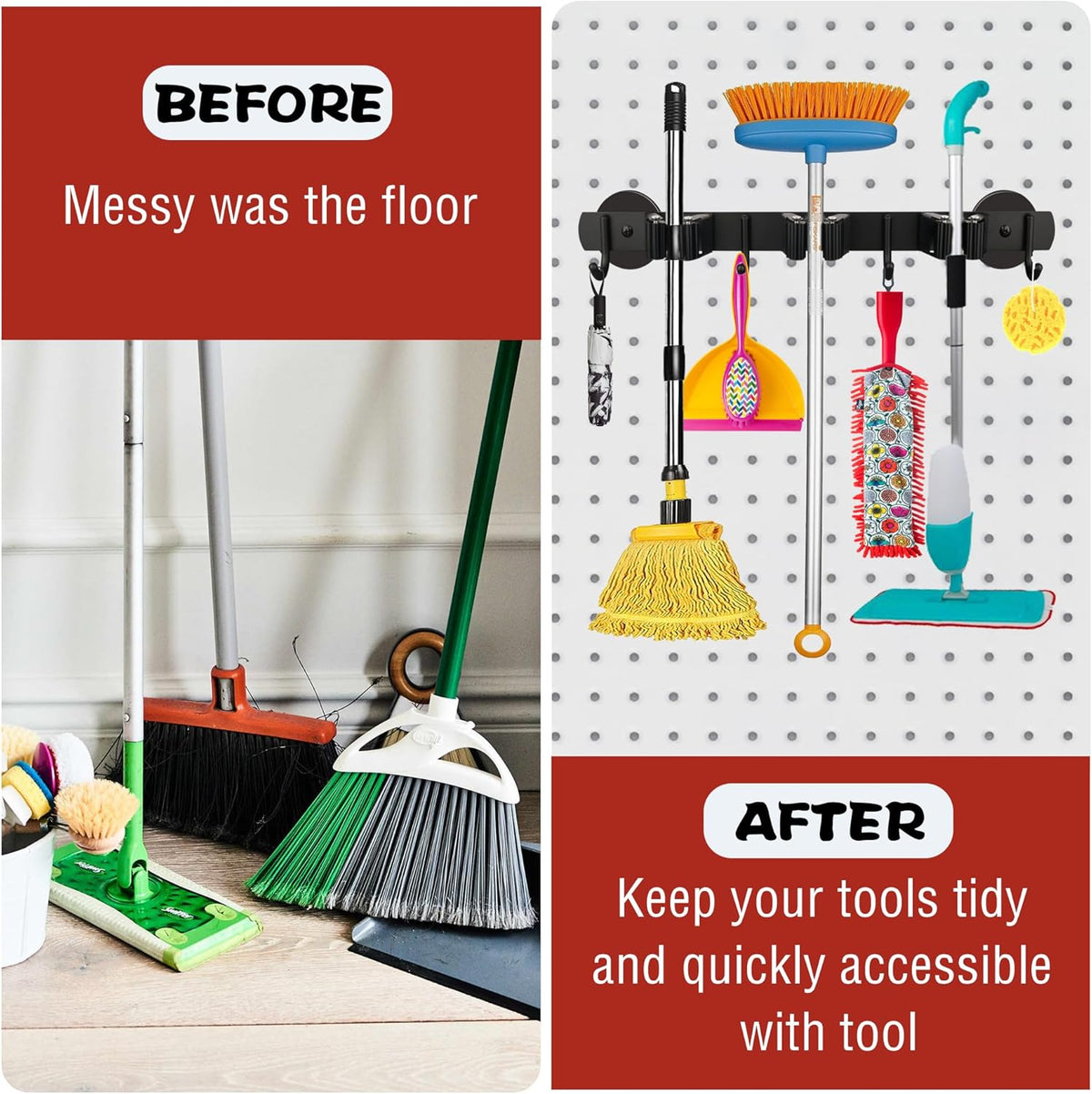 ULIBERMAGNET Magnetic Mop Broom Holder,Heavy Duty Movable Magnetic Broom Holder Rack,Anti-slip Wall Mounted Utility Storage Mop Shovel Hanger for Garage, Kitchen, Laundry, Garden(3 Racks / 4 Hooks)