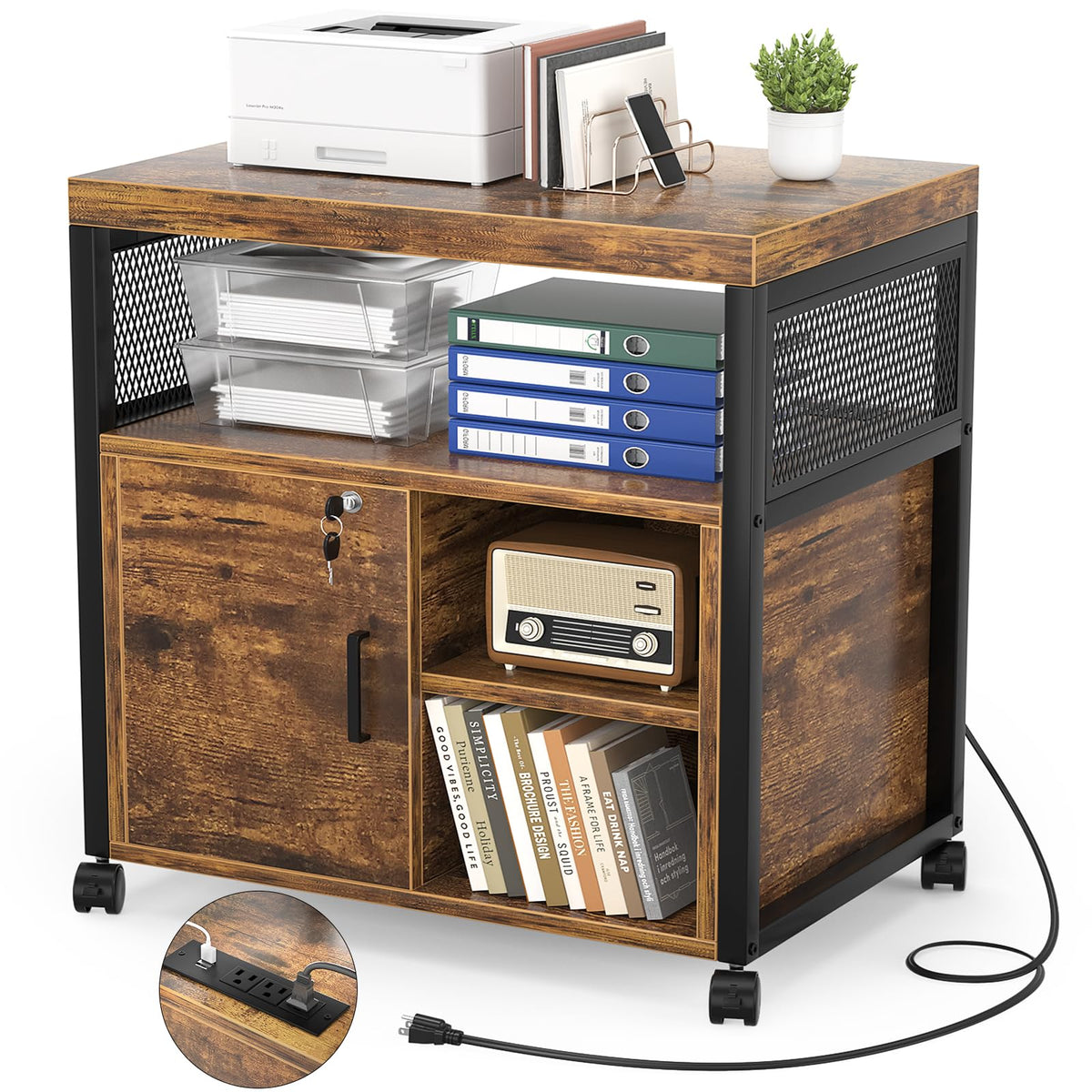 Unikito Lateral File Cabinet, Locking Office Filing Cabinets with Socket and USB Charging Port, Modern Rolling Printer Stand with Storage for A4, Letter Size and File Folders, Rustic Brown
