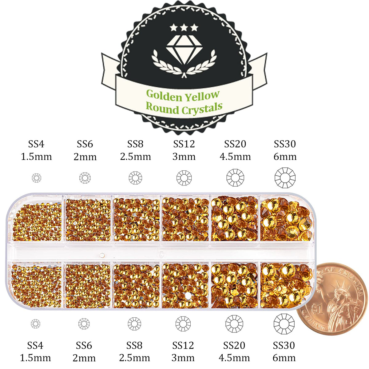 One Pack 2000 Pcs of Flatback Round Golden Yellow Rhinestones 6 Sizes (1.5-6 mm) with Nail Art Rhinestone Picker Pencil and Tweezer for DIY and Salon Use