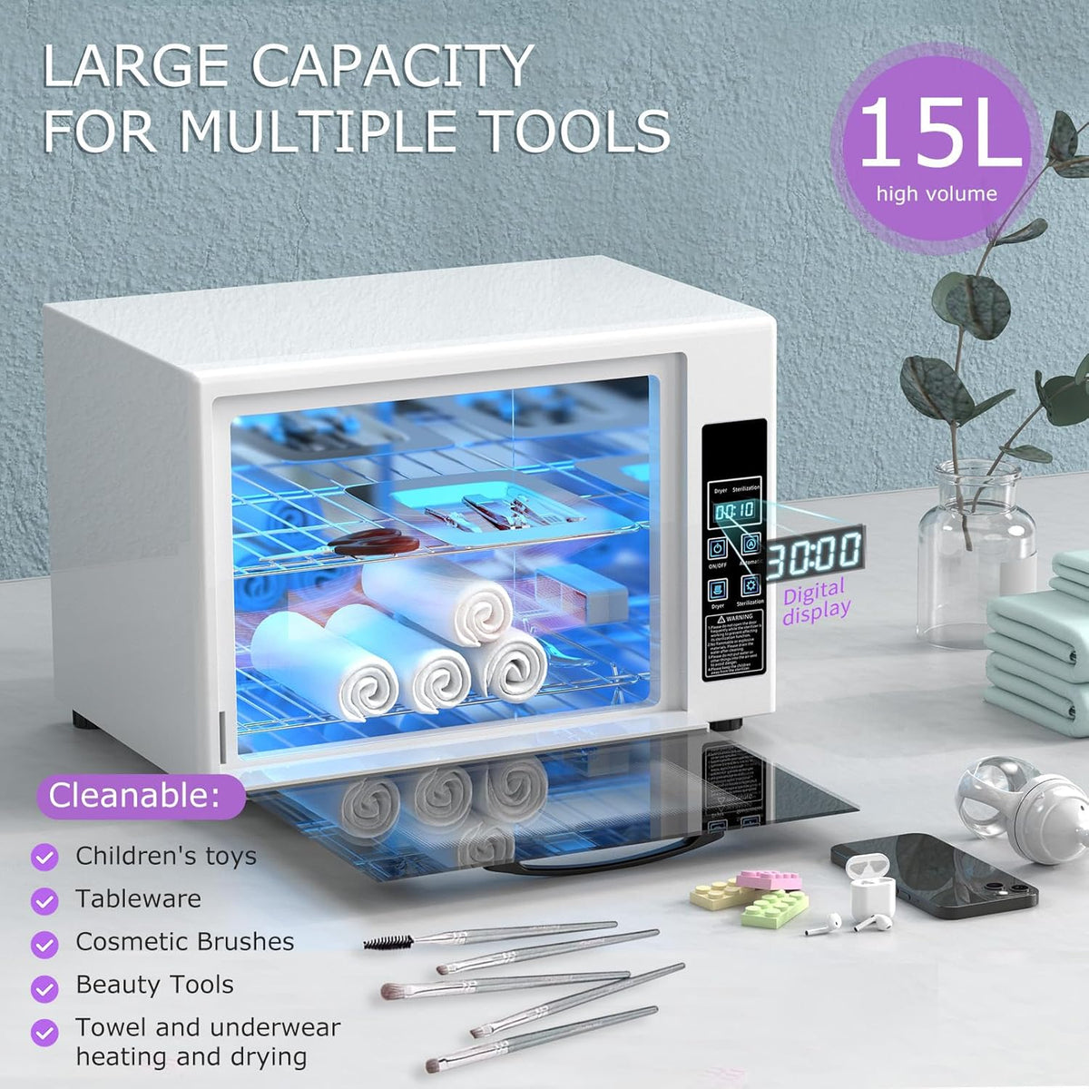 YOTAN 15L Nail Tool Cleaner with Timer Setting, High Capacity Cleaning Cabinet, Multi-Functional Manicure Cleaning Box for Spa Beauty Home Metal Tools, Mobile Phone, Baby Toy, White