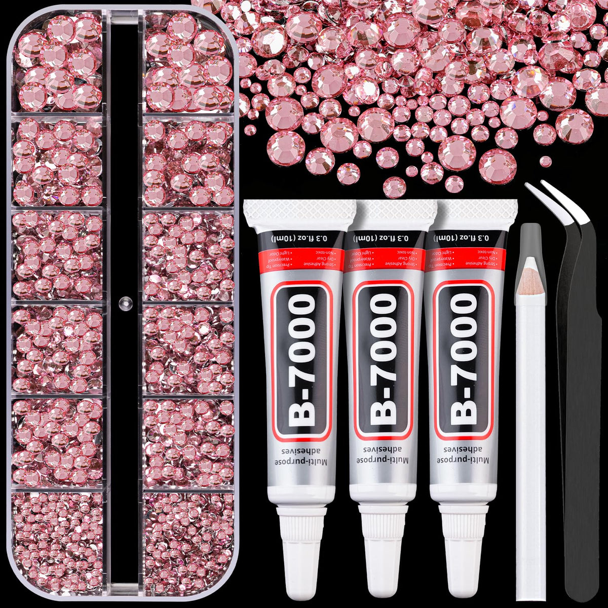 Resin Rhinestones for Crafting with B7000 Jewelry Glue, 1 Box Dark Pink Flatback Crystals with 3Pcs 10ml Glue for Bedazzling Crafts DIY Nail Art Makeup，Non Hotfix Gems for Clothing Shoes
