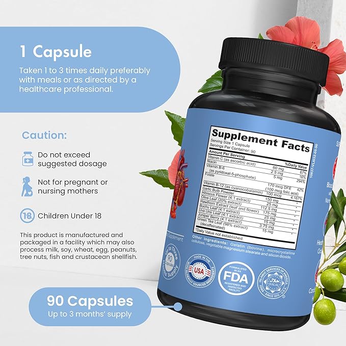 Blood Pressure Support Supplement with Garlic, Hibiscus, and Hawthorn - Supports Cardiac Health and Circulation, Healthy Heart-Supporting Herbs and Vitamins - 90 Capsules, 3 Months Supply.