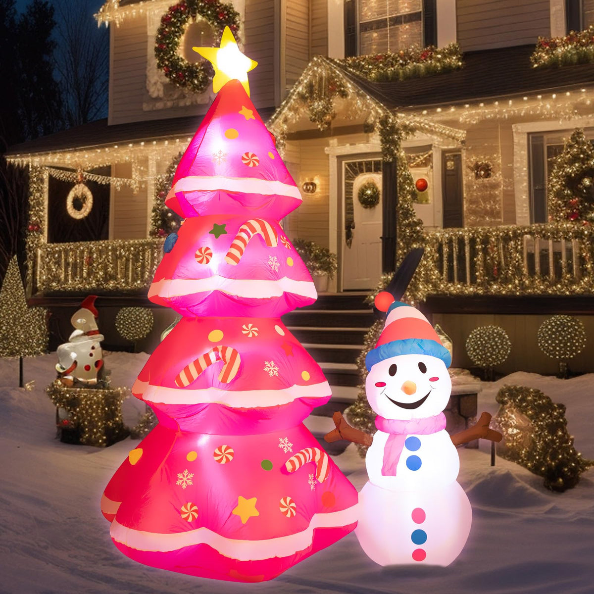 7FT Christmas Inflatables Cute Inflatable Christmas Tree with Snowman Christmas Decorations Outdoor Christmas Blow Up for Yard, Outside, Built-in LED Lights with Tether