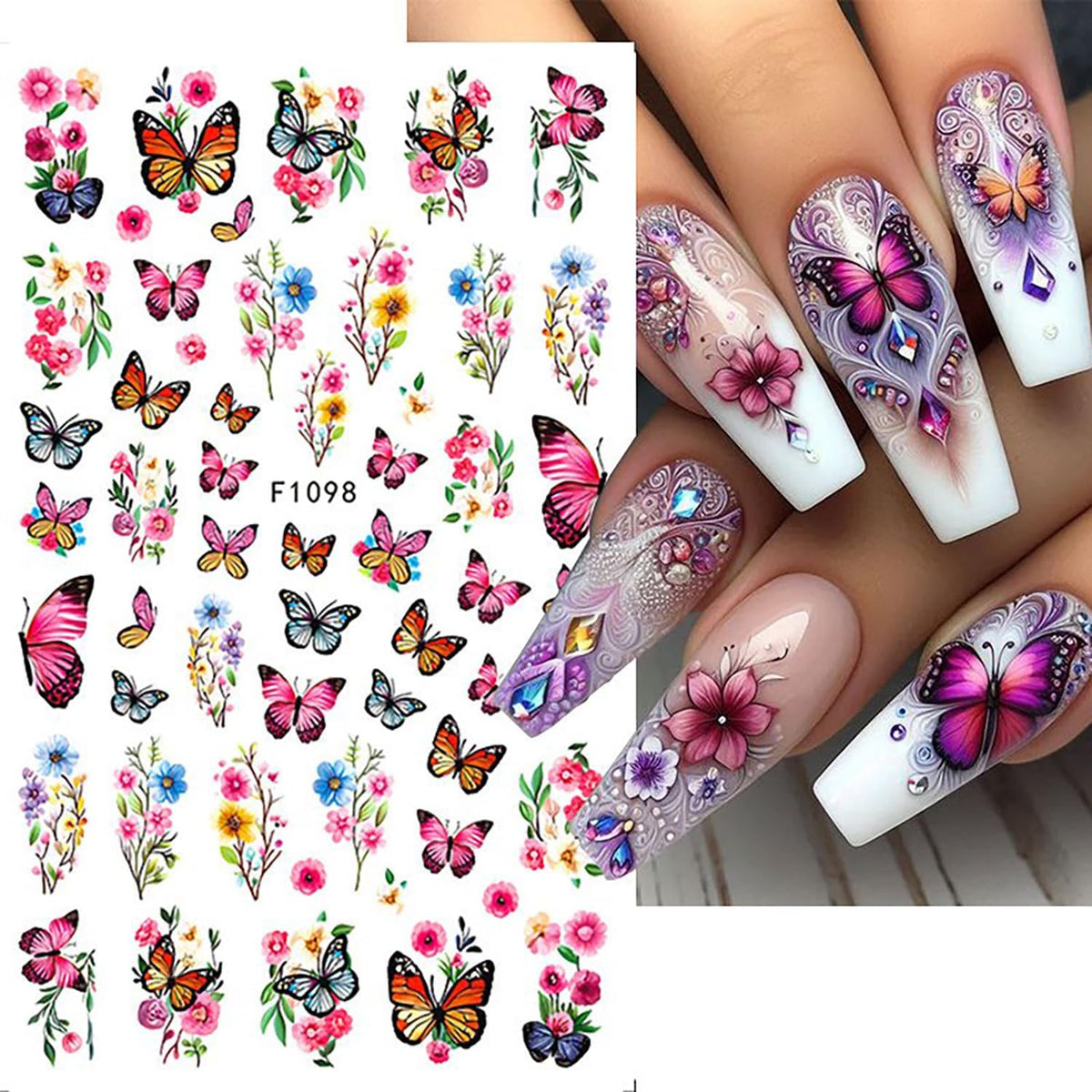 8 Sheets Butterfly Flower Nail Art Stickers 3D Self-Adhesive Spring Summer Nail Sticker Flower Nail Art Decals Holographic Blossom Nail Decal Decoration for Women Colorful Butterfly Manicure Supplies