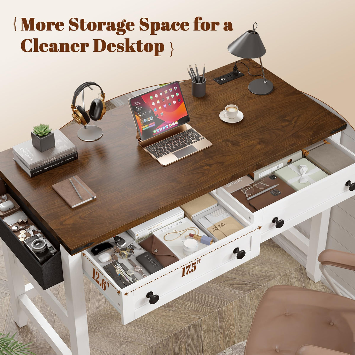 EnHomee 40" Small Desk for Bedroom, Computer Desk with Power Outlets for Home Office, Desks with Drawers and a Side Pocket, Brown+White