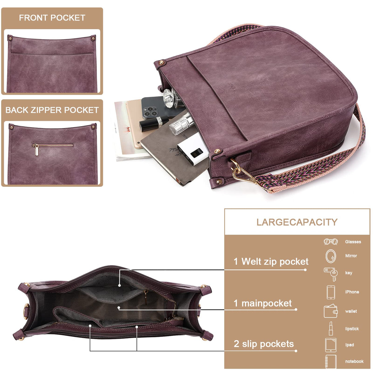 HKCLUF Crossbody Bags for Women Trendy Vegan Leather Hobo Handbags With 2pcs Adjustable Guitar Strap Crossbody Purse For Women(Purple)