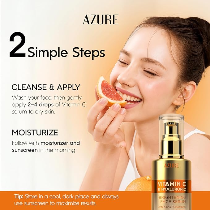 Azure Cosmetics Vitamin C Serum For Face - Dermatologist Tested, Anti-Aging with Hyaluronic Acid for Dark Spots, Fine Lines & Wrinkles - Brightning, Clean Korean Skincare for Glass Skin - 1.69 fl oz