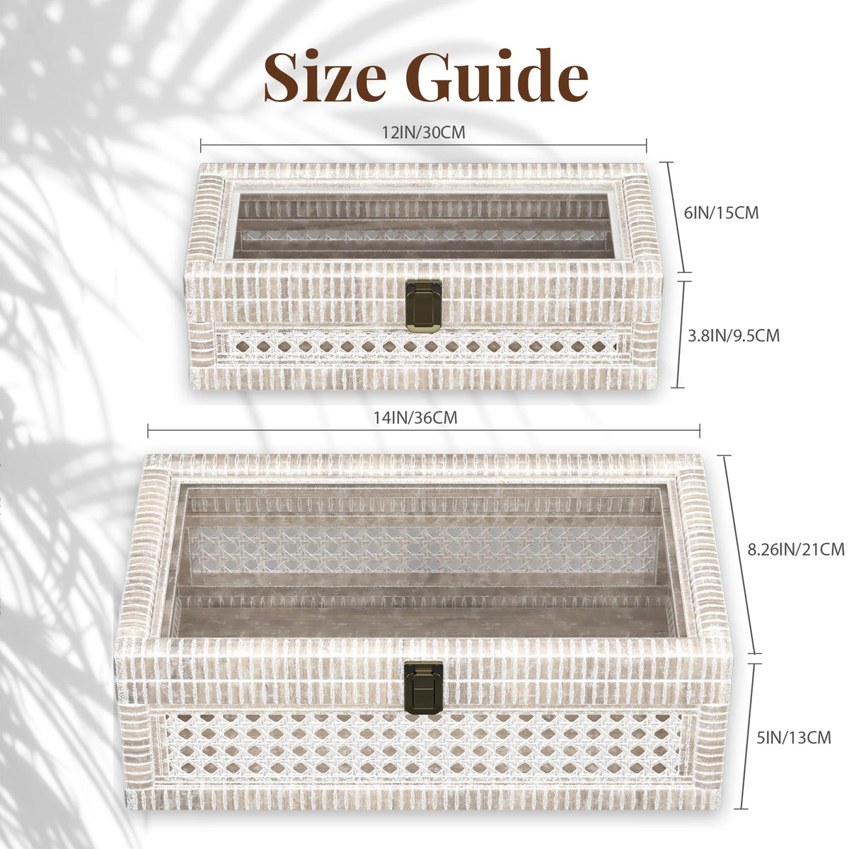 Fllamo Rattan Decorative Box,Boho Display Boxes with Lids,Set of 2 Rectangular Wicker Storage Decoration,Natural Woven Cane Bins for Home Decor for Rustic Farmhouse(White)