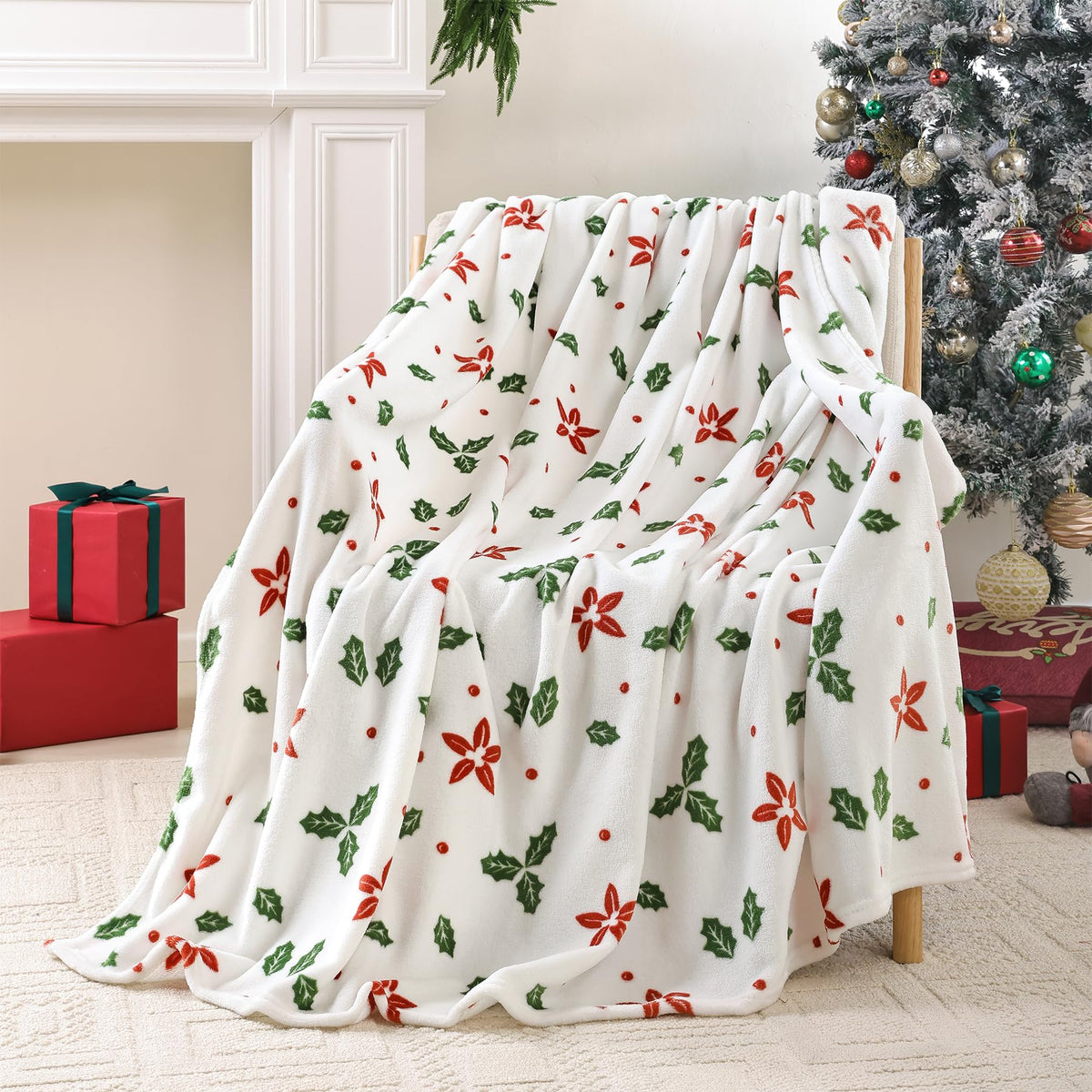 Fleece Print Throw Blanket, Super Soft Plush Cozy Fuzzy Red Floral and Green Leaves Printed Throw Blankets for Couch Sofa Bed, and Home Décor, Microfiber Flannel, All Seasons 50x60 Inches