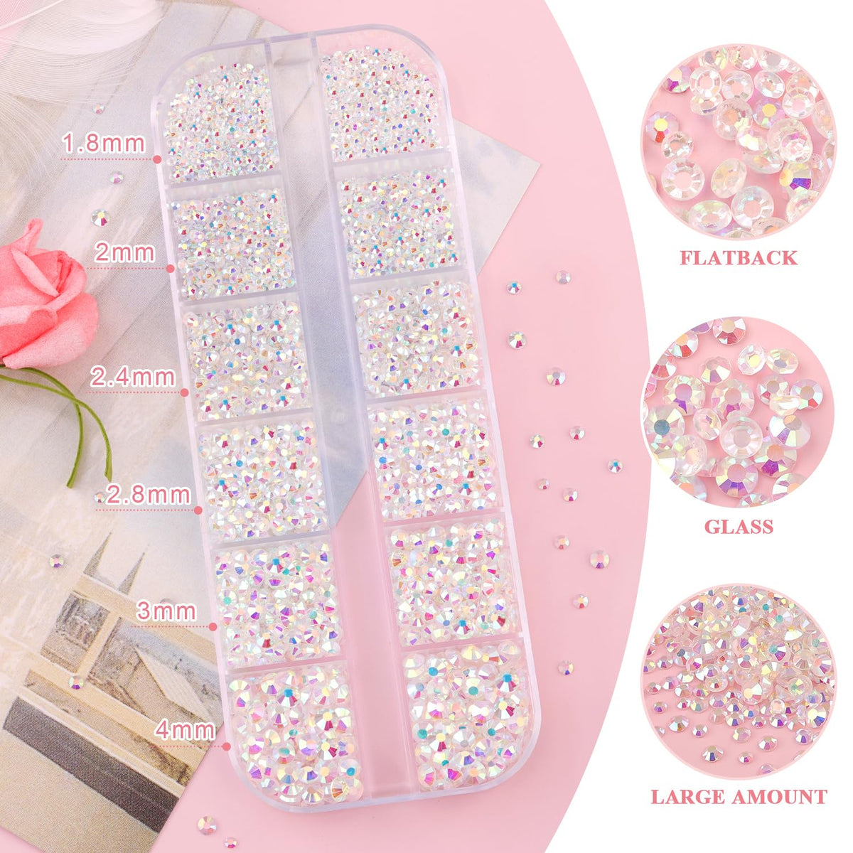 3600pcs Glass Transparent AB Nail Rhinestones 6 Sizes(1.8/2/2.4/2.8/3/4mm) Flatback Crystal Nail Charms Jewels Decoration for Nail Art and Crafting, Tweezer and Pickup Pen included