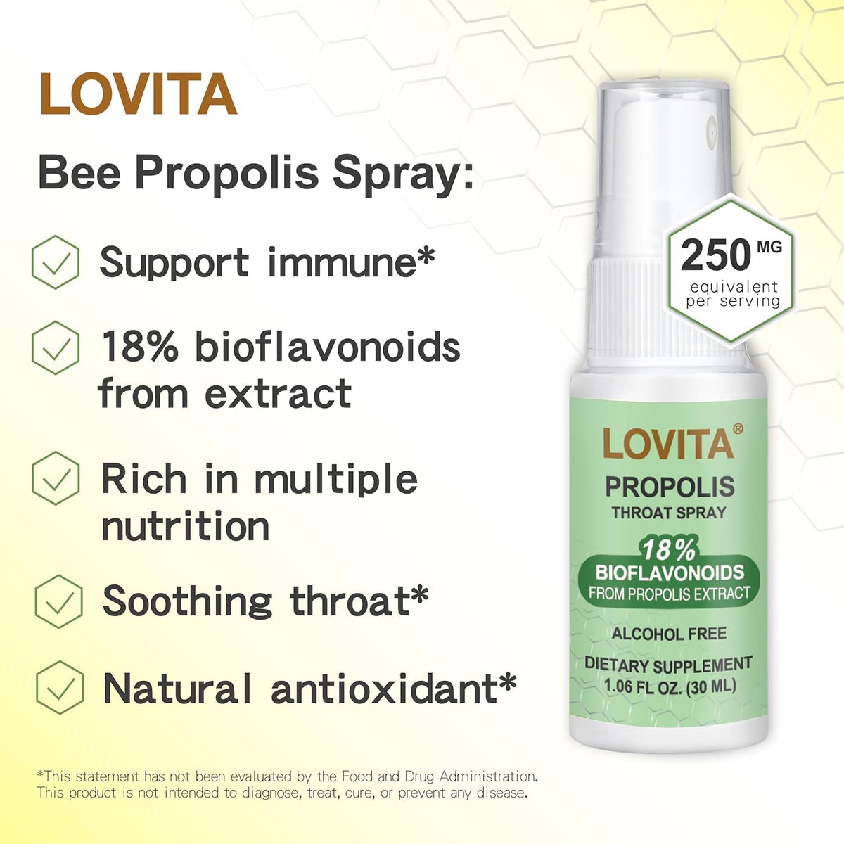 Lovita Bee Propolis Throat Spray, 18% Bioflavonoids, Alcohol-Free, Immune Support, Throat Soothing, Antioxidant, Gentle Taste, 1 Fl Oz (Pack of 3)