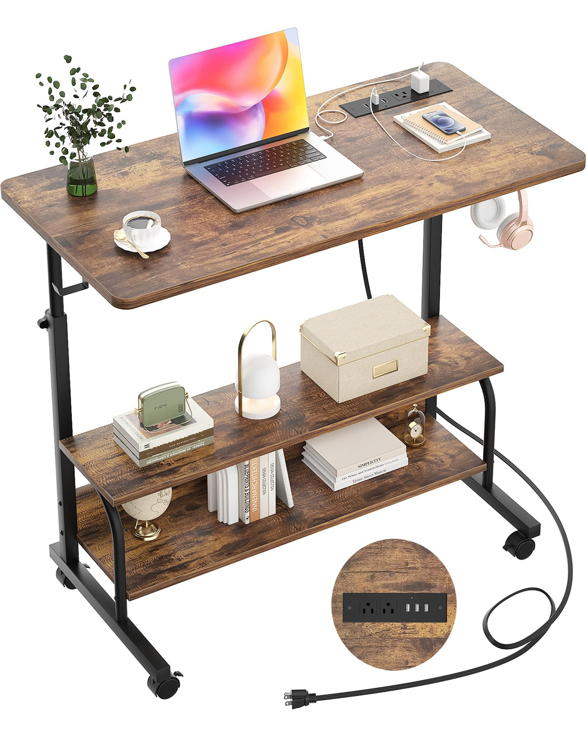 Armocity Height Adjustable Standing Desk with Power Outlets, 32" Manual Stand Up Desk with Storage Shelves Small Mobile Rolling Computer Desk Portable Laptop Table with Wheels for Home Office, Rustic