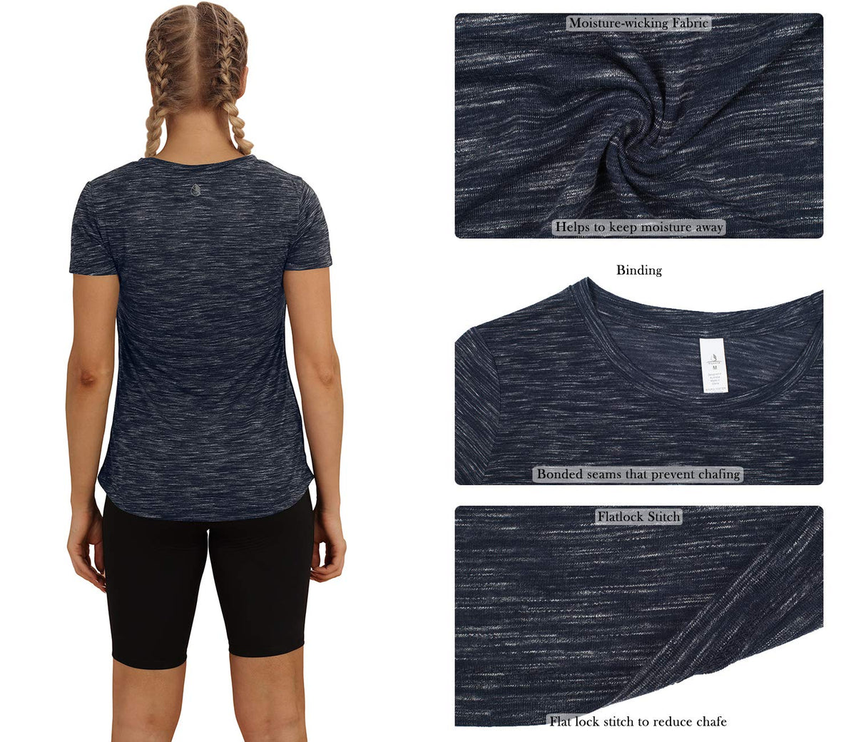 icyzone Workout Shirts for Women - Yoga Tops Gym Clothes Running Exercise Athletic T-Shirts for Women (Black/Navy, S)