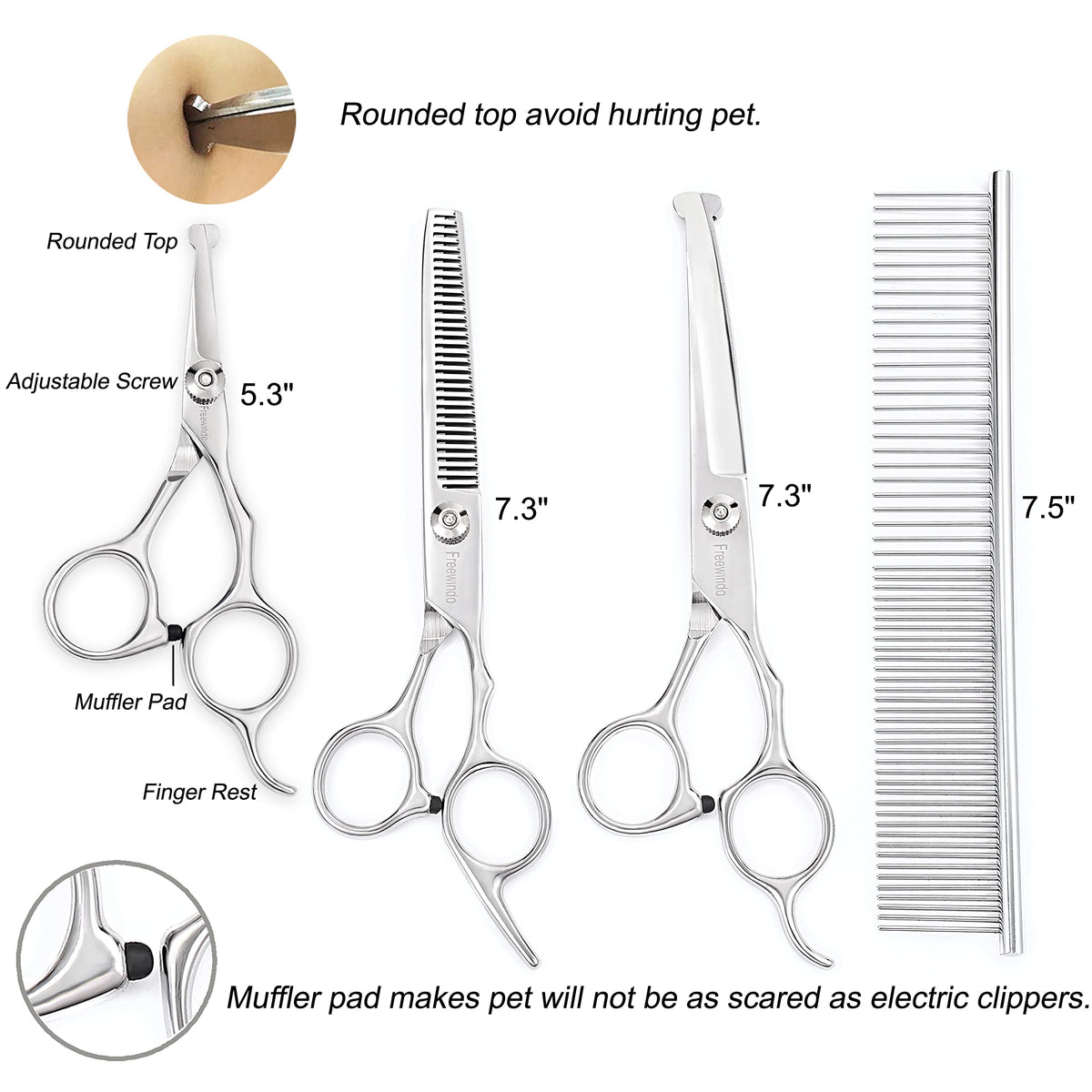 Freewindo Dog Grooming Scissors Kit, Safety Round Tip, Heavy Duty Stainless Steel Dog Scissors and Dog Nail Clippers for Grooming Full Body