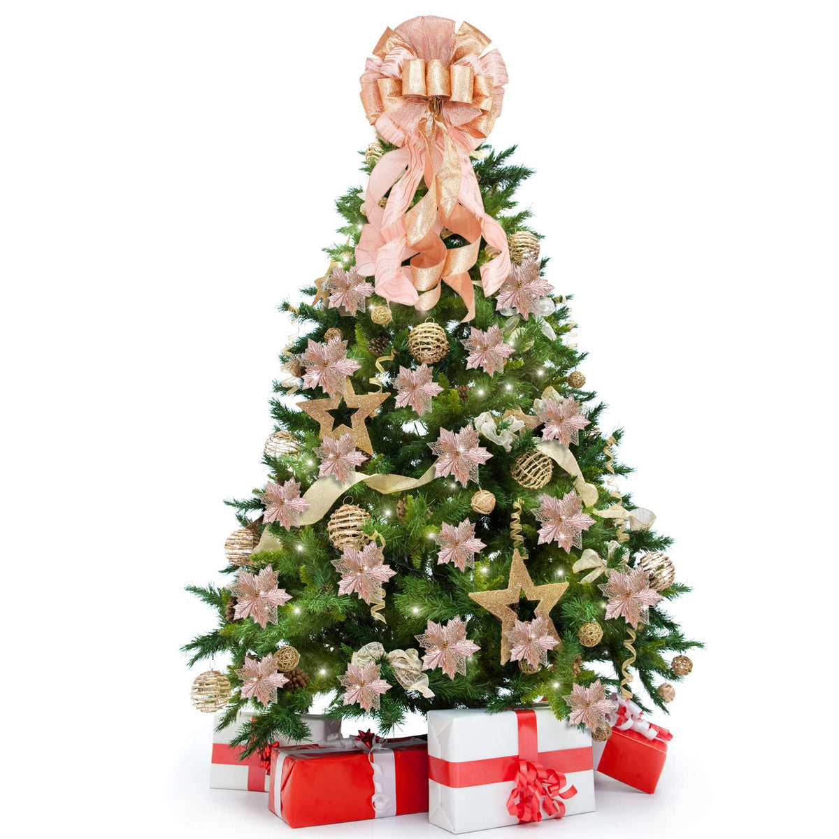 Syhood Christmas Tree Topper Decorations 34x12 Inch Large Christmas Bows Tree Ornaments and 24 Pcs Christmas Tree Flowers for Christmas Holiday Party Decorative(Rose Gold)