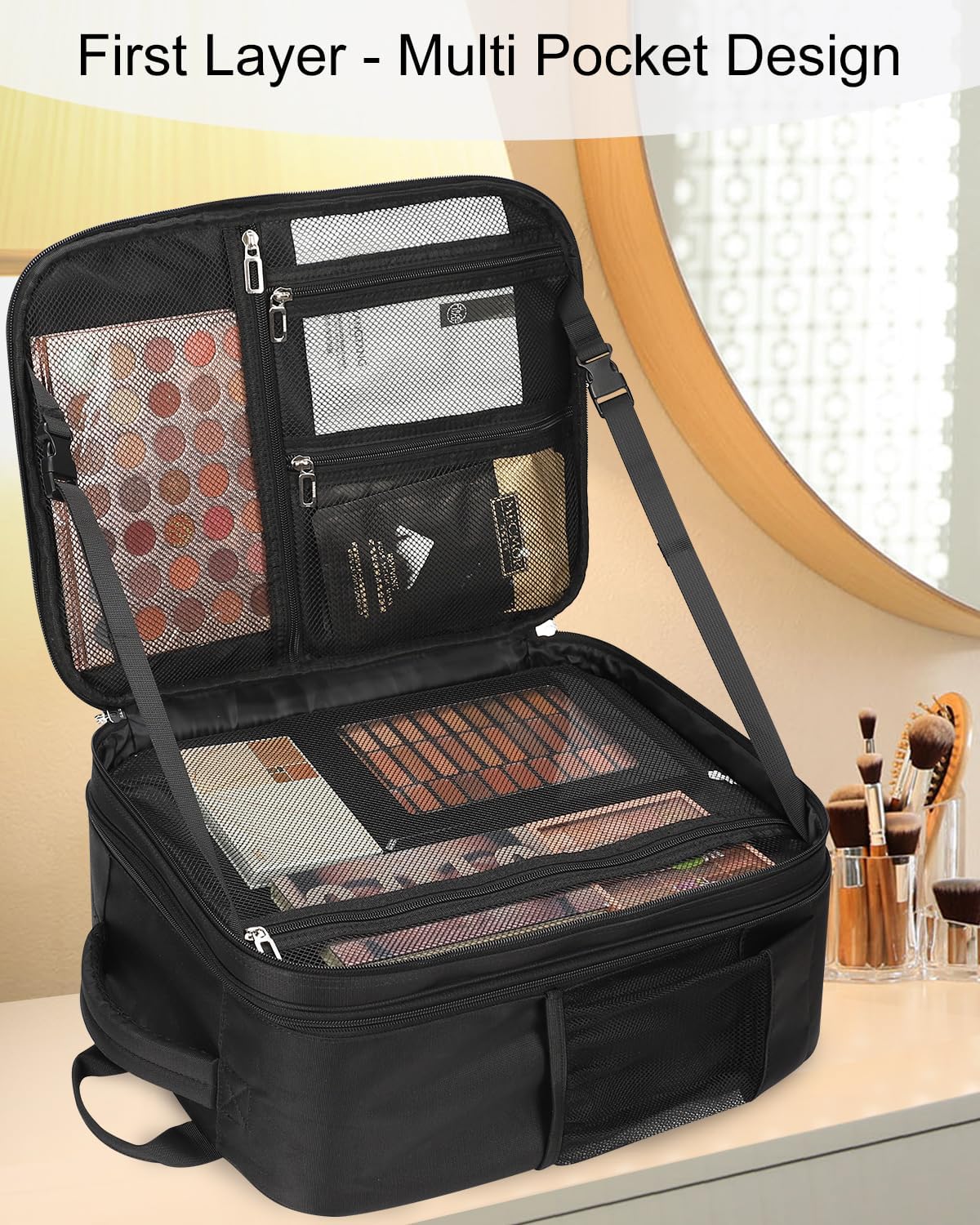 Makeup Backpack Professional Cosmetic Artist Bag Extra Large Travel Train Case Storage Organizer Double-Layer Cosmetic Case with 8 Pouch &Adjustable Divider (Black)