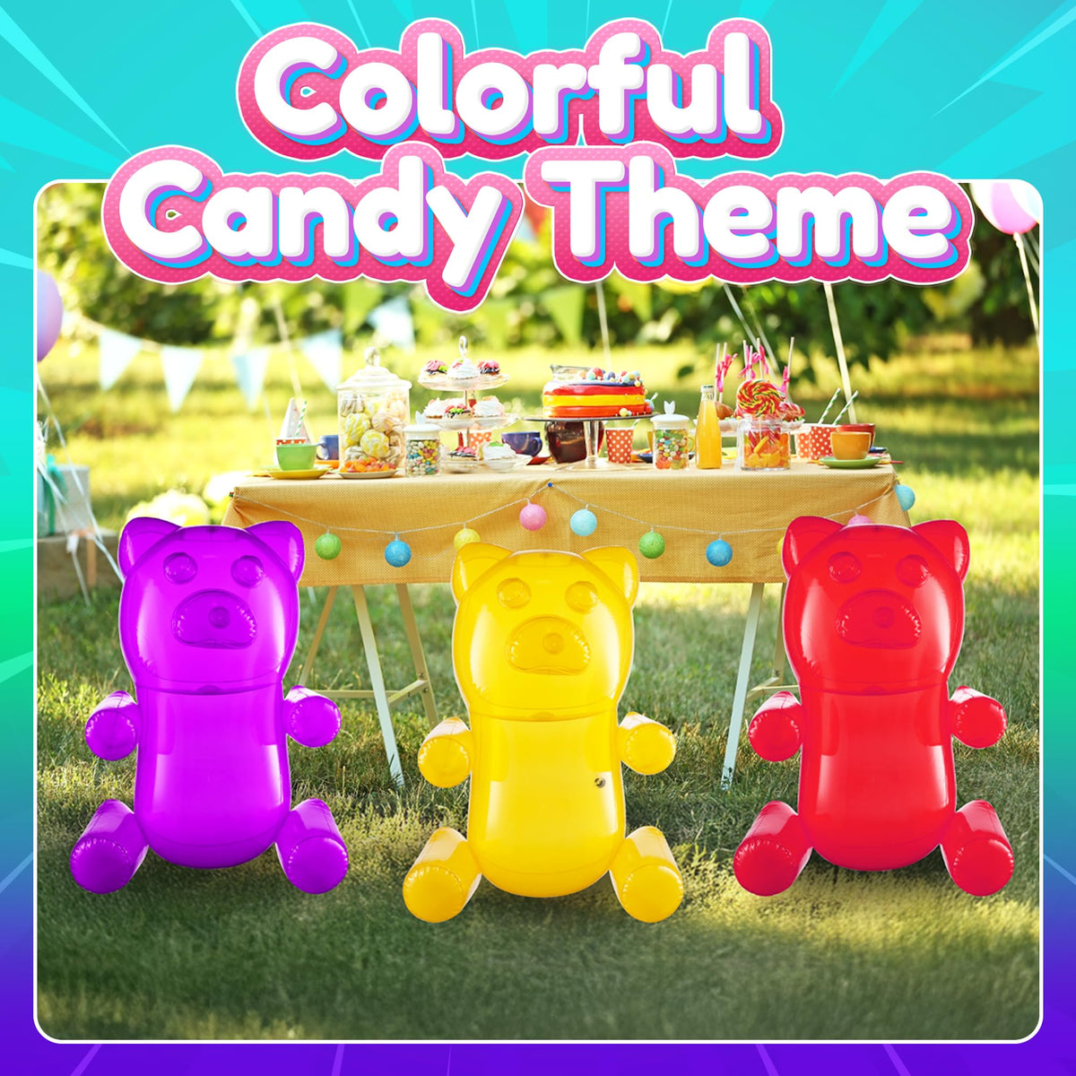 24" Inflatable Gummy Bears (Pack of 3) Big Huge Blow Up Gummy Bear Pool Toy Decorations, Birthday Party Supplies and Themed Candy Land Party Favors for Kids