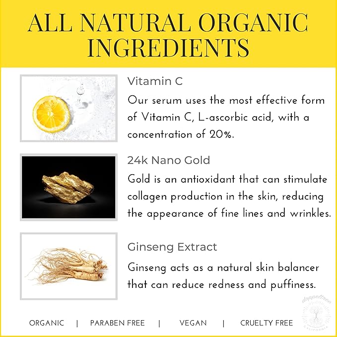 Organic Vitamin C Face Serum with 24K Gold Flakes, Hyaluronic Acid, Vitamin E - Vit C Facial Serum - Acne Scar Treatment, Dark Spot Corrector, Anti Aging & Brightening - Formulated in San Francisco