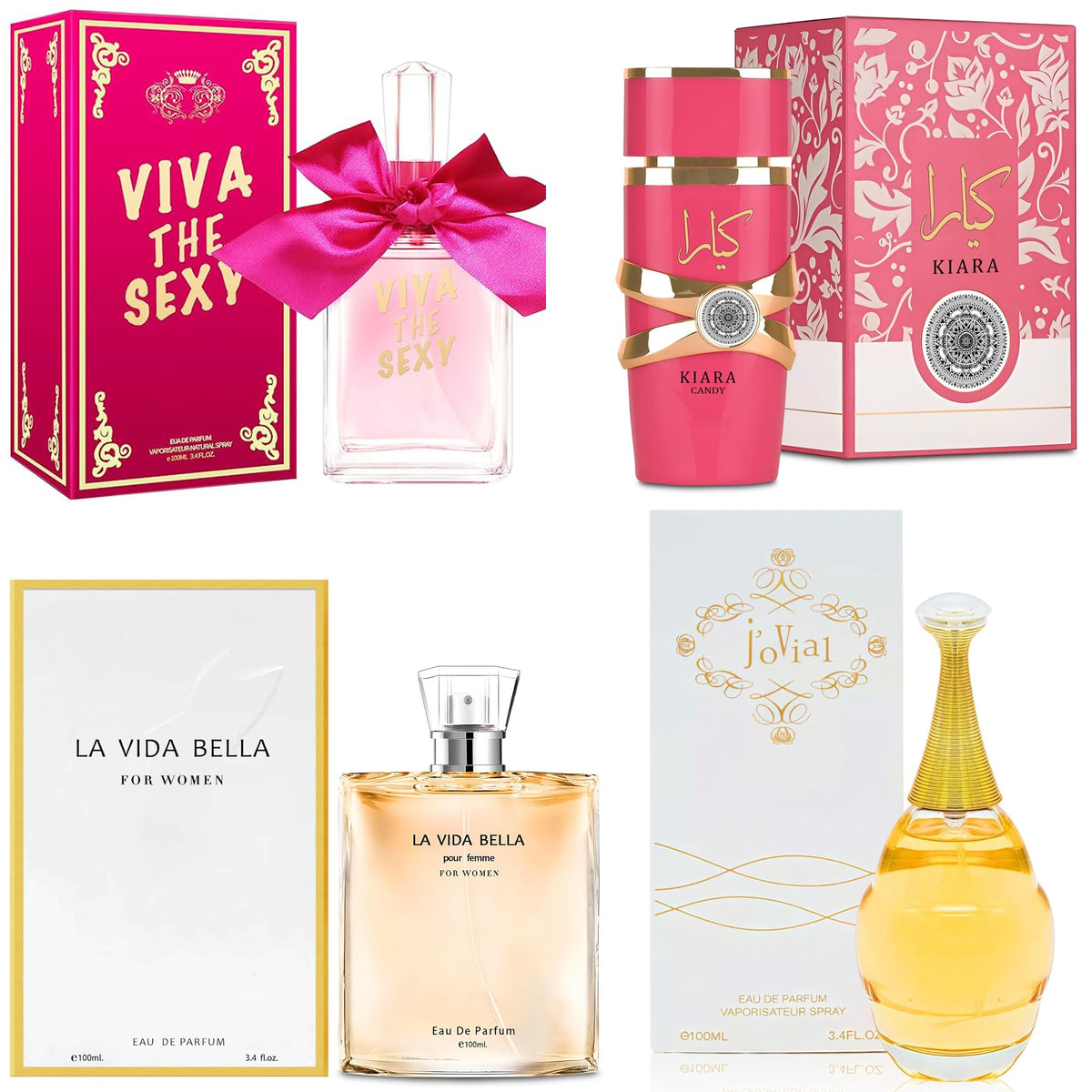 A CENTER 4PCS Perfume Set for Women - Floral Fragrance Gift Set with Vanilla,Sweet Fruity Eau De Patfume 3.4 Fl Oz Each(La Vida Bella,Ka Candy,Viva the Sexy,J'ovial)