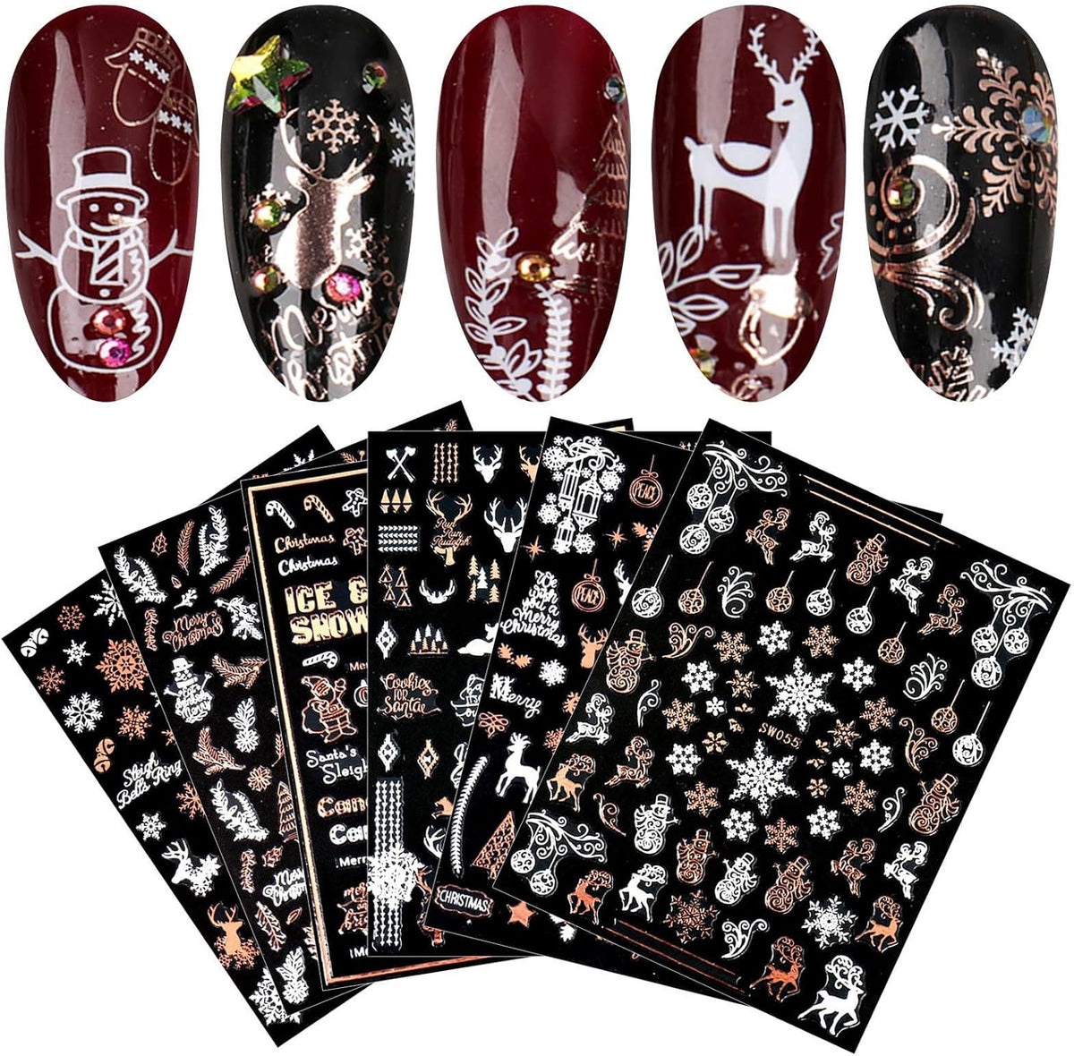 9 Sheets Christmas Nail Art Stickers Decals Self-Adhesive Pegatinas Uñas Rose Gold Snowflake Tree Winter Nail Supplies Nail Art Design Decoration Accessories