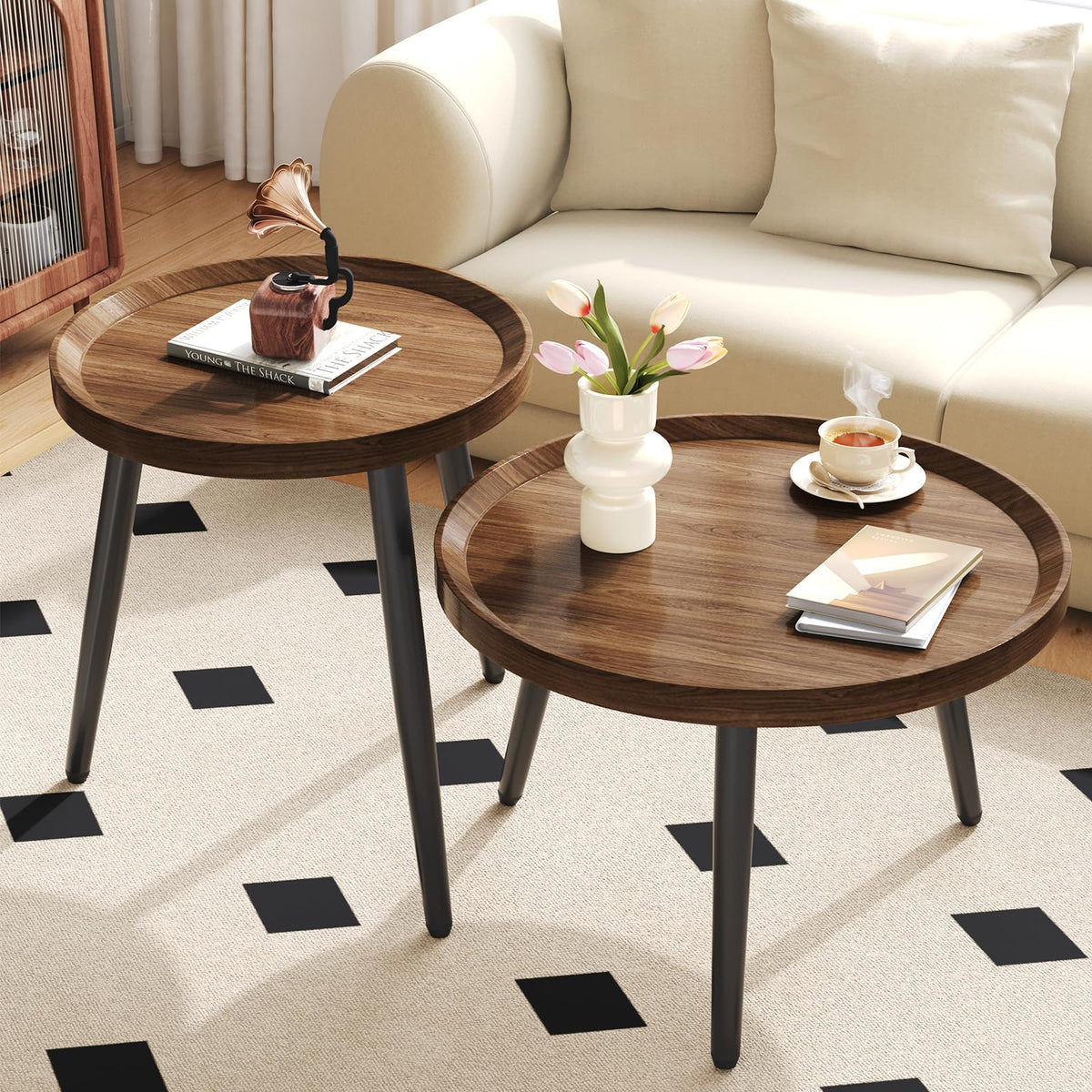 2 PCS Small Round Coffee Table, Walnut Nesting Tables for Small Spaces, Mid Century Modern Centre Table, Easy Assembly Circle Coffee Tables for Living Room, Minimalist Nesting Coffee Table Set of 2