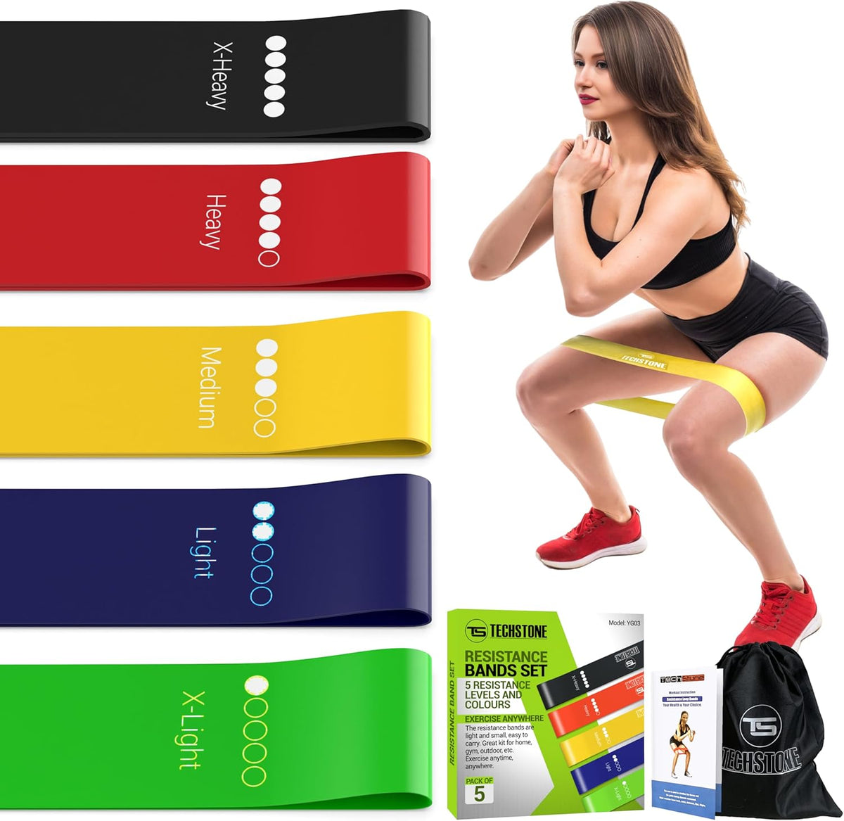 TechStone Resistance Bands Set for Men and Women, Pack of 5 Different Levels Elastic Band for Home Gym Long Exercise Workout – Great Fitness Equipment for Training, Yoga – Free Carrying Bag (Blue)